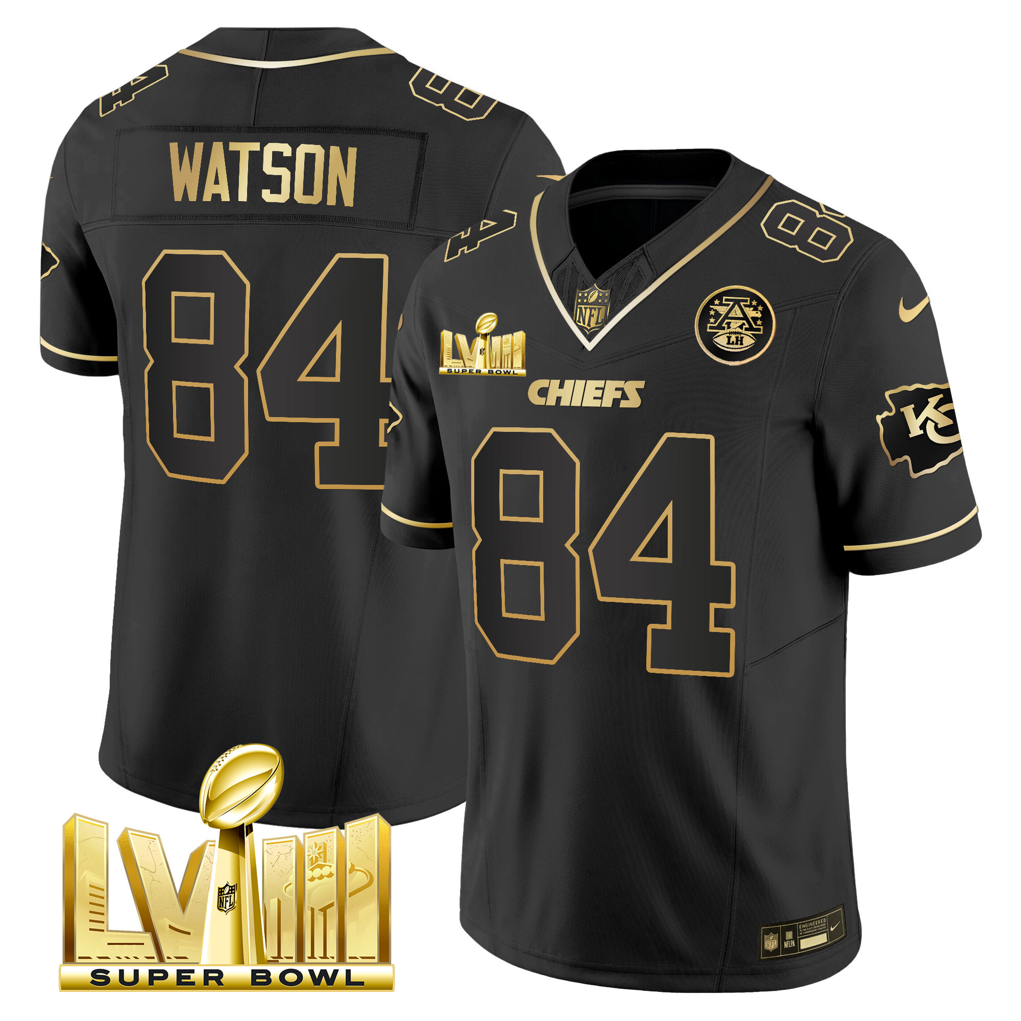 Justin Watson Men's Kansas City Chiefs Super Bowl LVIII Gold Patch Vapor Black Gold Jersey - All Stitched 