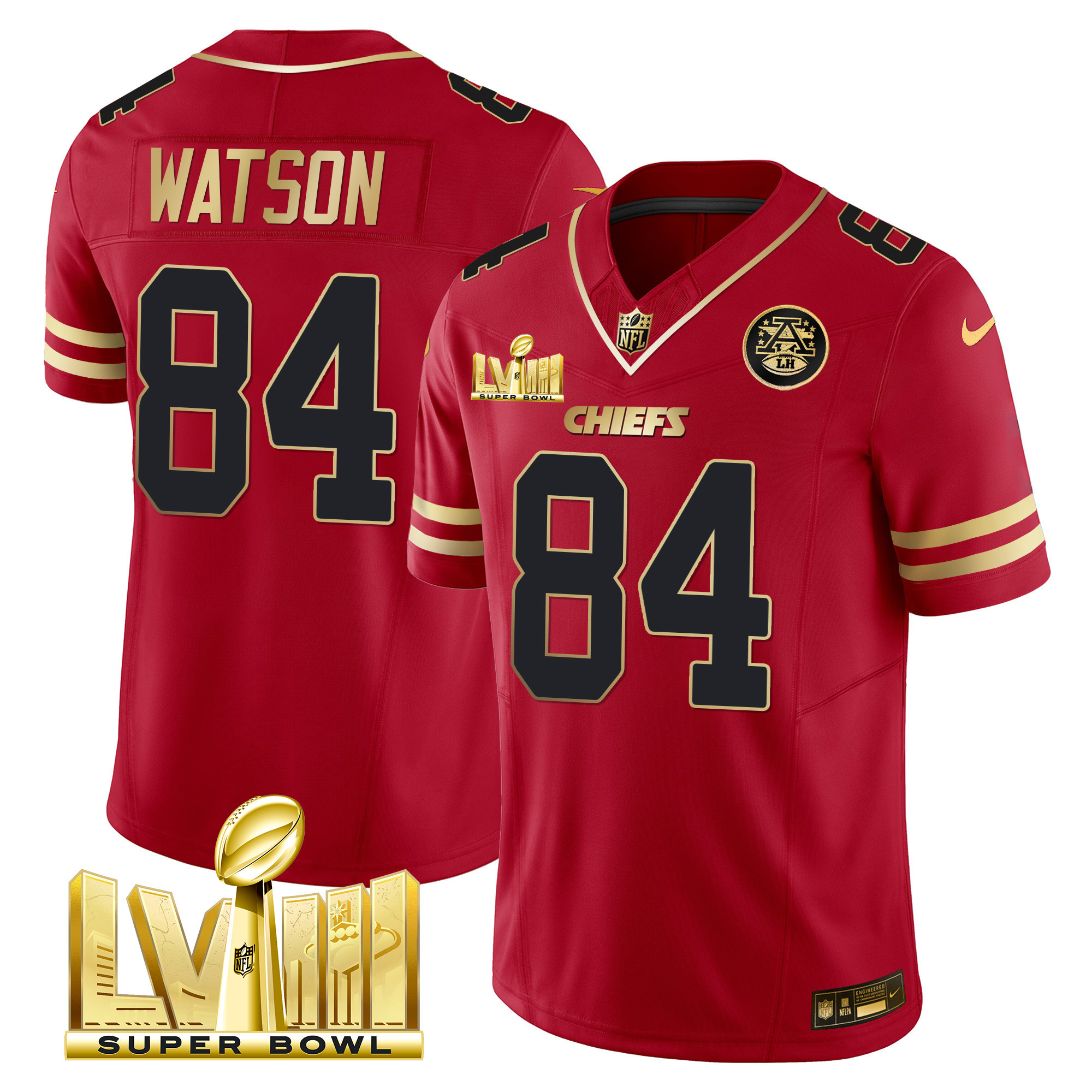 Justin Watson Men's Kansas City Chiefs Super Bowl LVIII Gold Patch Vapor Black Red Jersey - All Stitched 