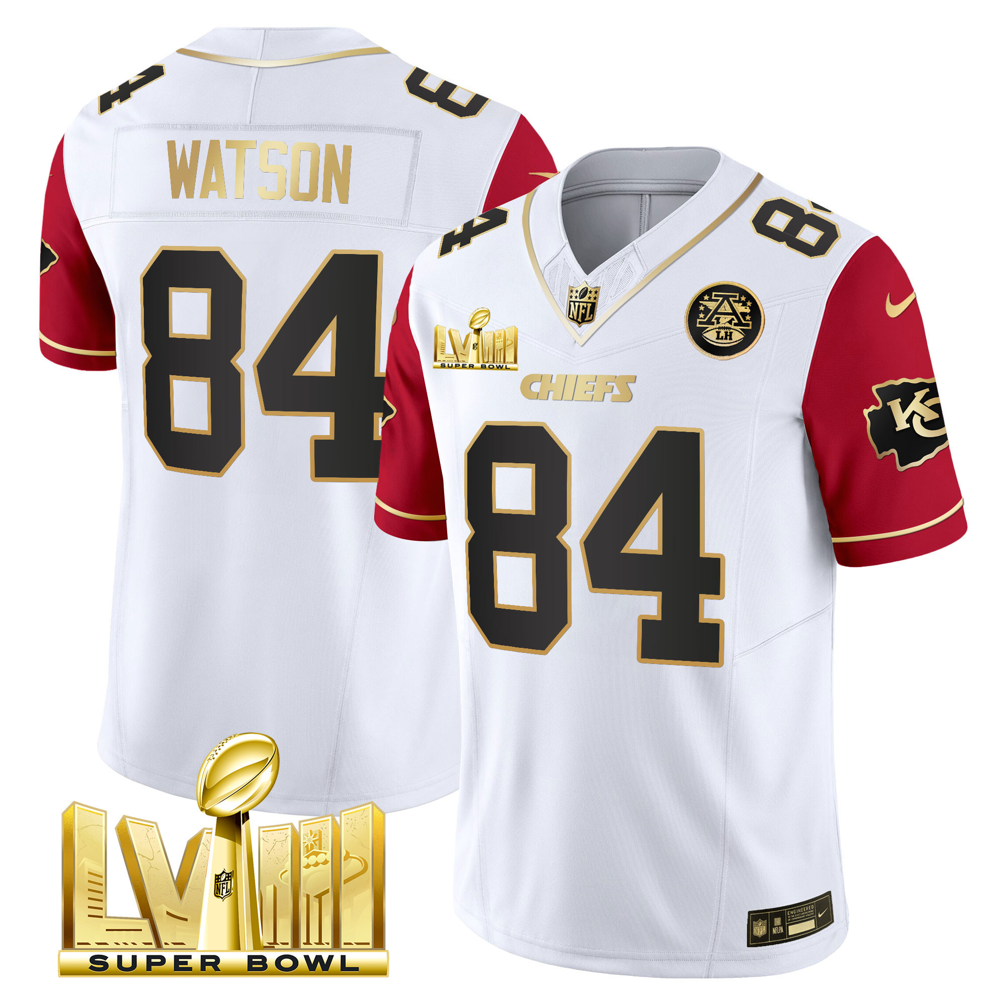 Justin Watson Men's Kansas City Chiefs Super Bowl LVIII Gold Patch Vapor Color Sleeves Jersey - All Stitched 