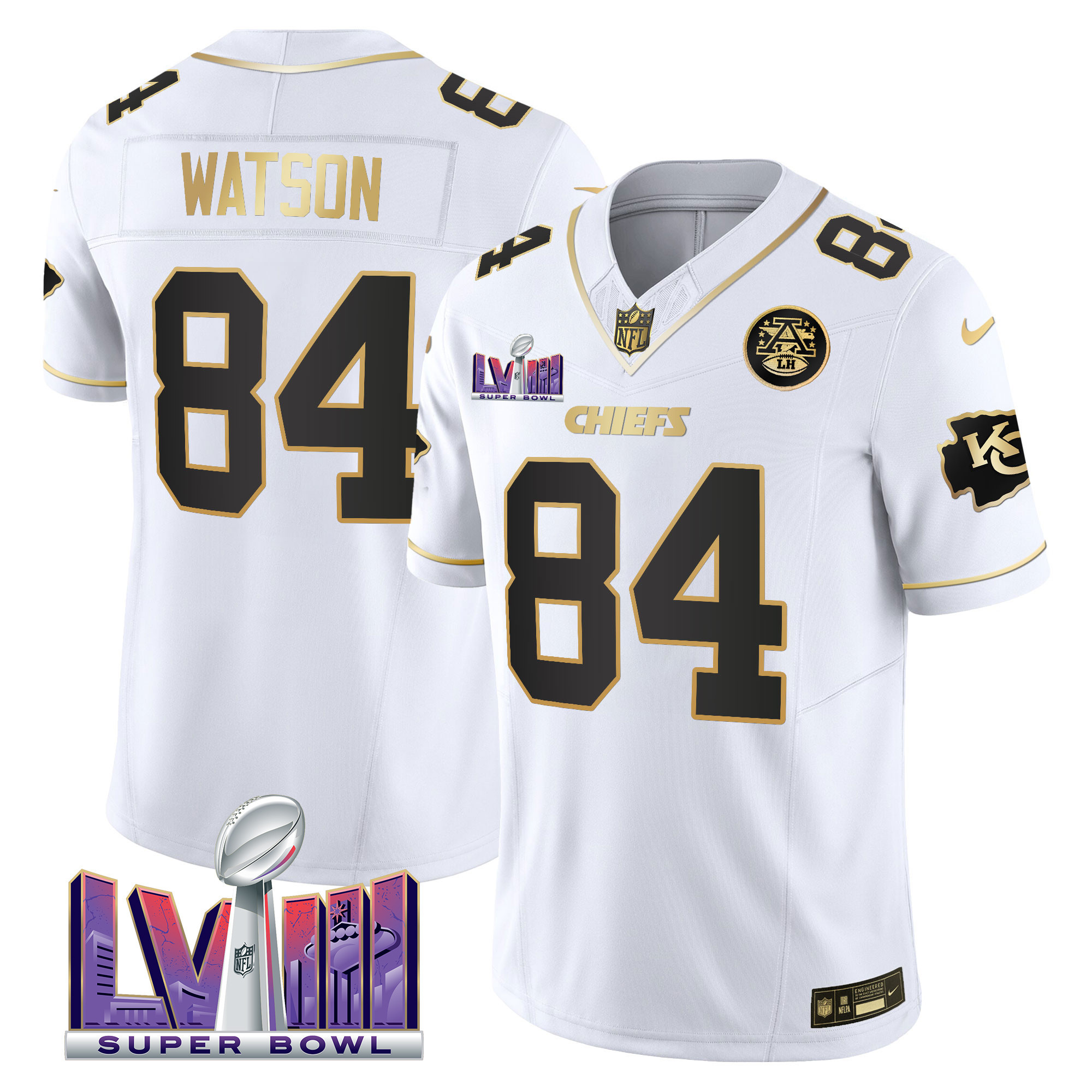 Justin Watson Men's Kansas City Chiefs Super Bowl LVIII Patch Vapor White Gold Jersey - All Stitched 