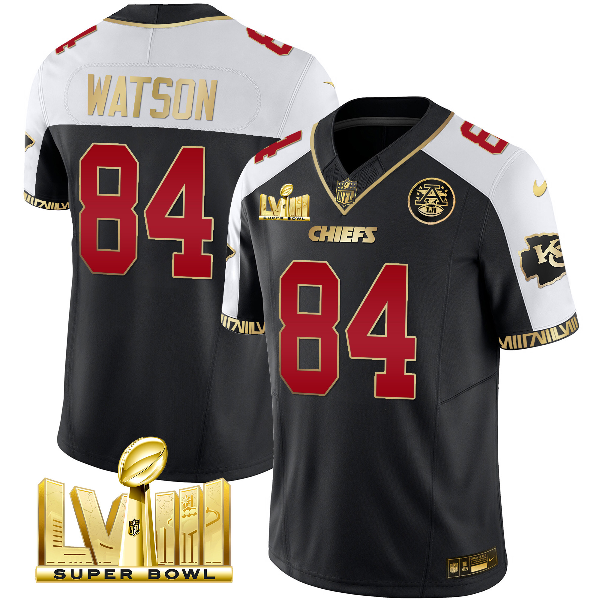 Justin Watson Men's Kansas City Chiefs Super Bowl LVIII Pattern Gold Vapor Black Alternate Jersey - All Stitched 