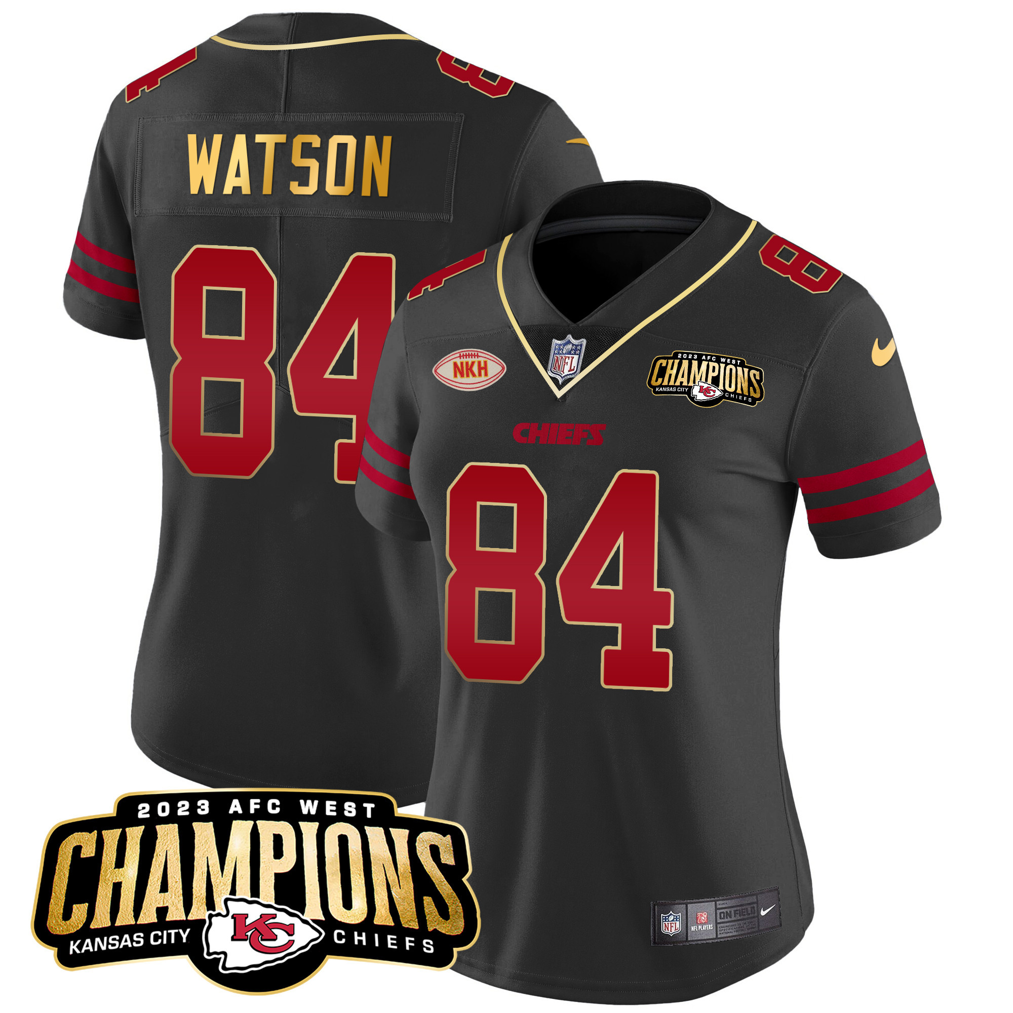 Justin Watson Women's Kansas City Chiefs 2023 AFC West Champions Patch Vapor Limited Gold Trim Jersey - All Stitched 