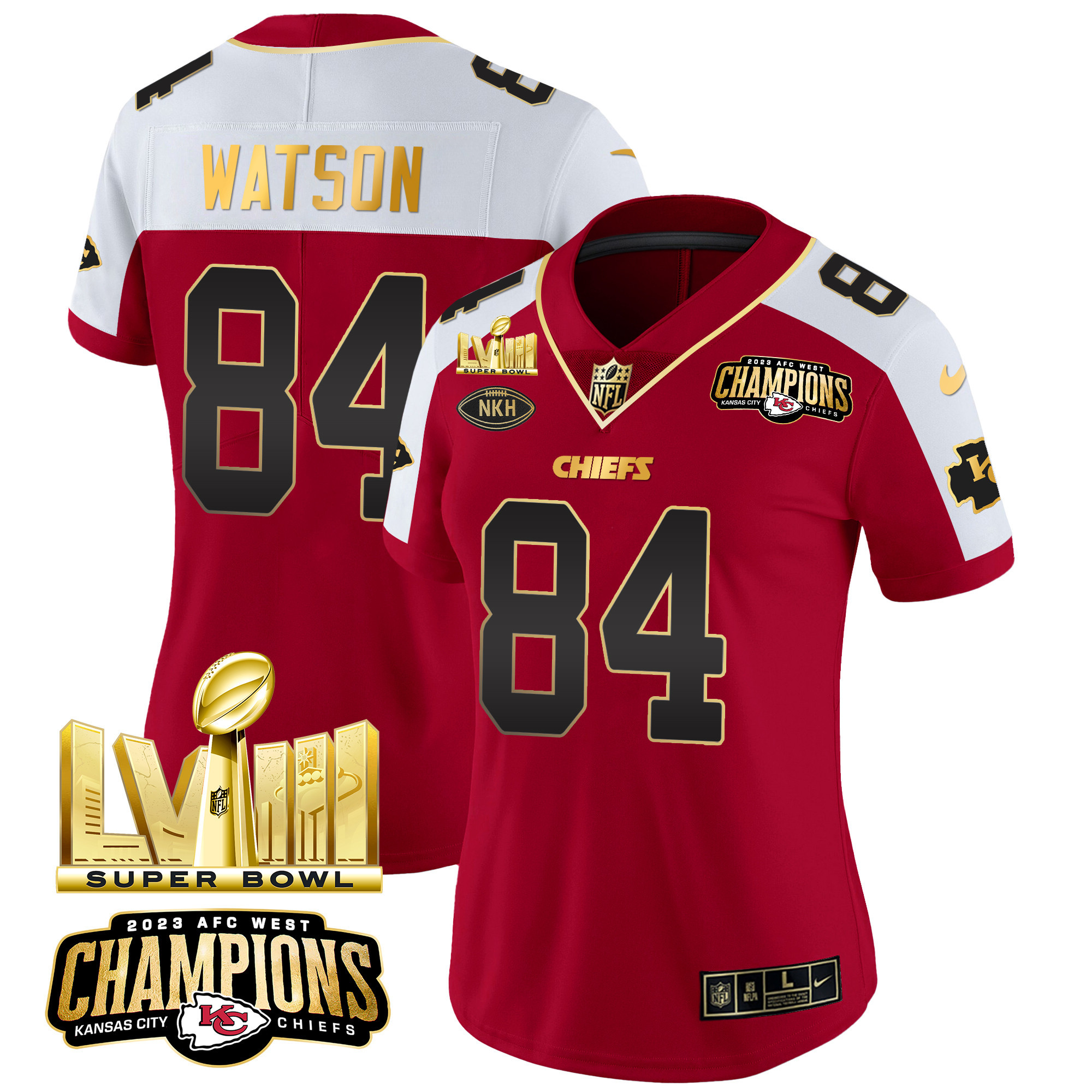 Justin Watson Women's Kansas City Chiefs AFC West Champions & Super Bowl LVIII Gold Patch Vapor Red Alternate Jersey - All Stitched 