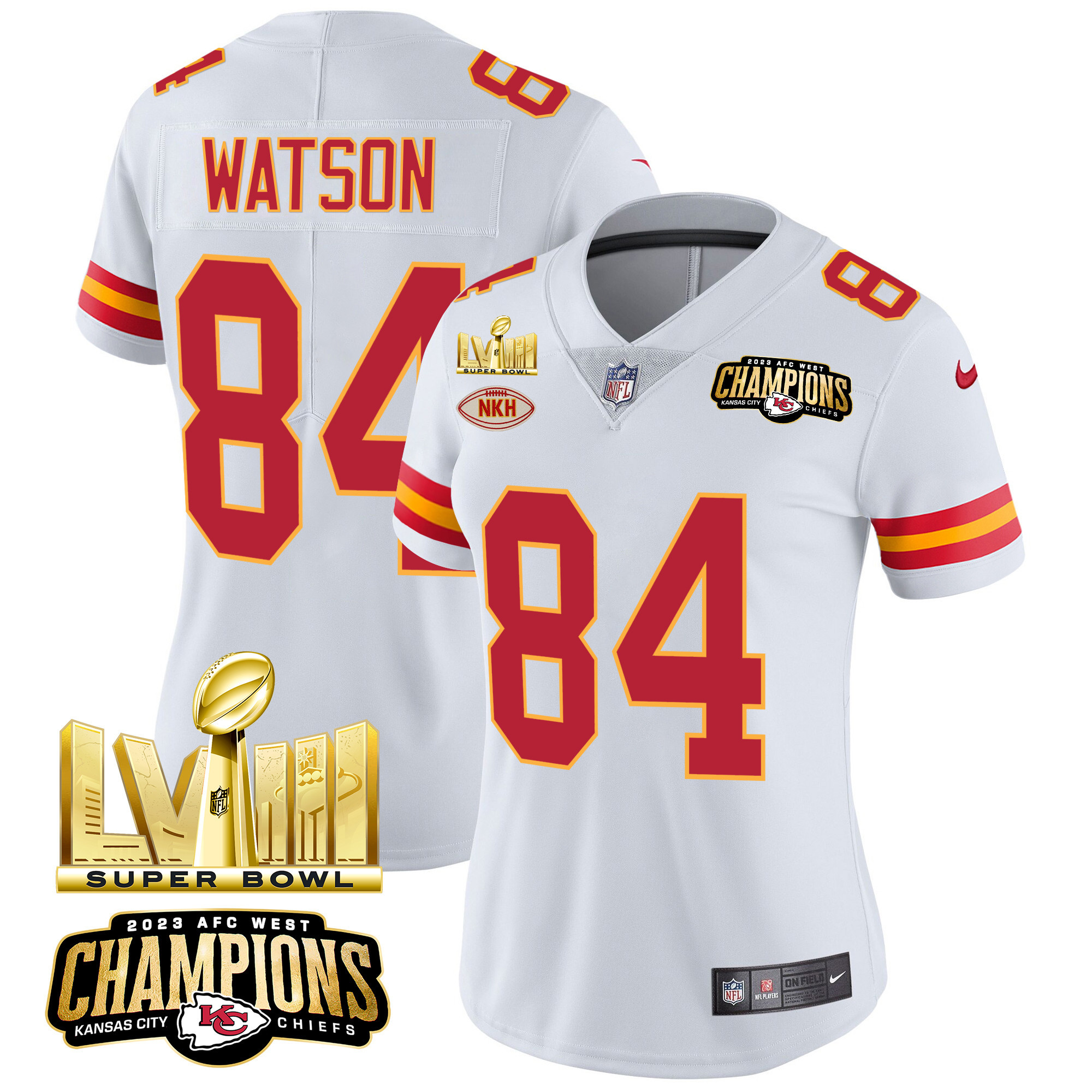 Justin Watson Women's Kansas City Chiefs AFC West Champions & Super Bowl LVIII Gold Patch Vapor White Jersey - All Stitched 
