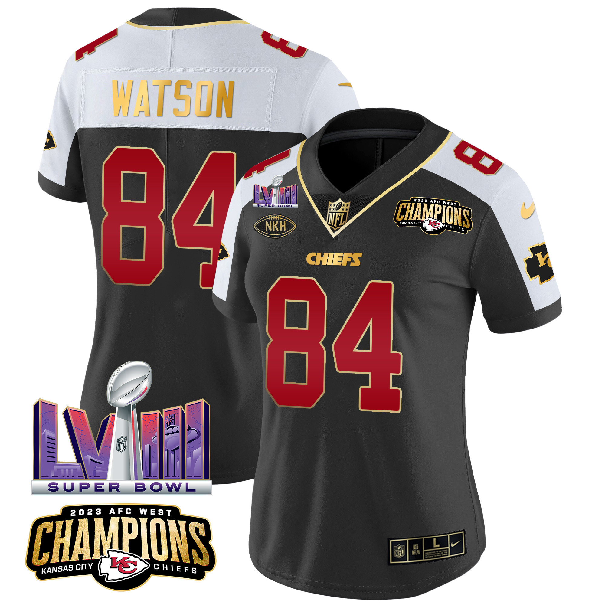 Justin Watson Women's Kansas City Chiefs AFC West Champions & Super Bowl LVIII Patch Vapor Black Alternate Jersey - All Stitched 