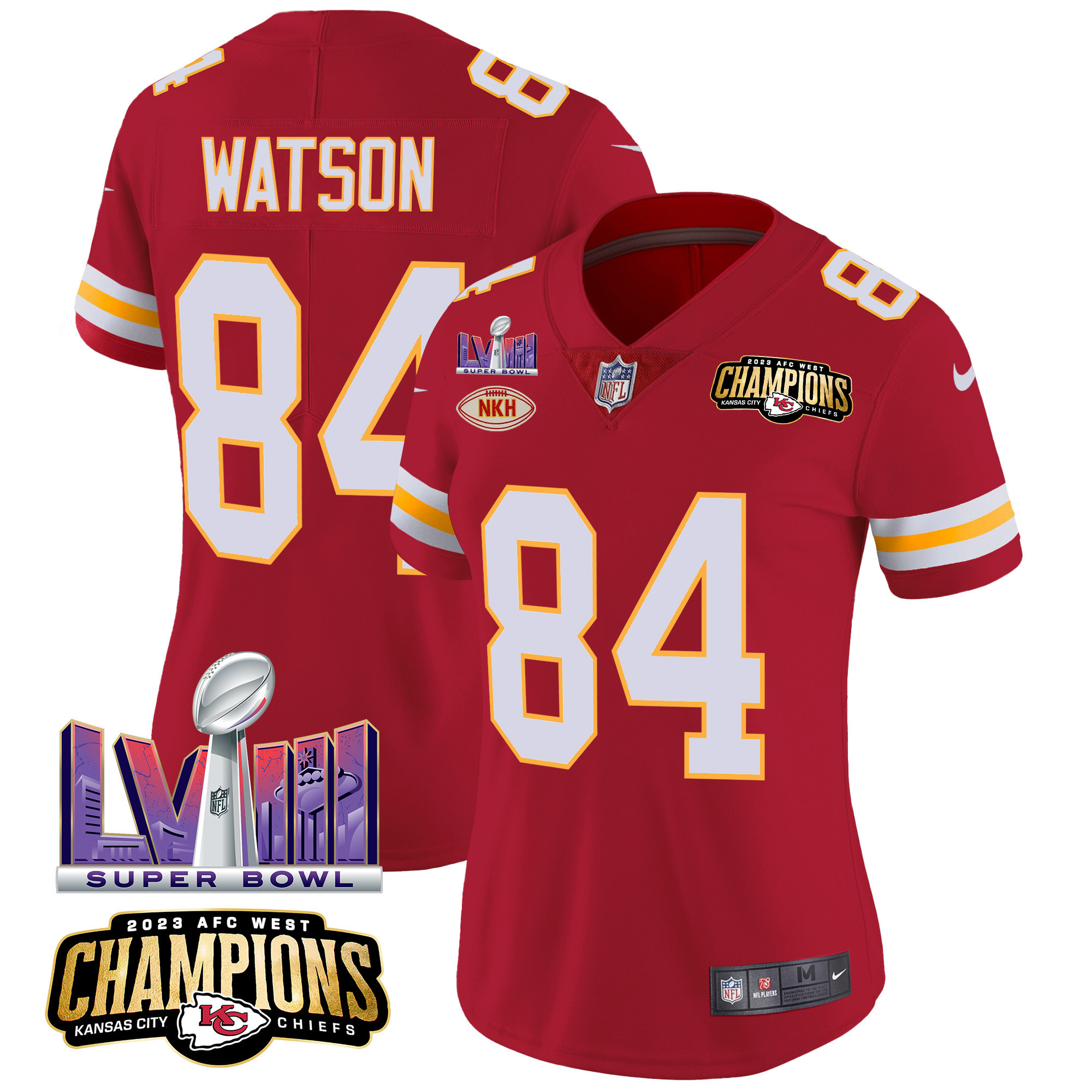 Justin Watson Women's Kansas City Chiefs AFC West Champions & Super Bowl LVIII Patch Vapor Red Jersey - All Stitched 