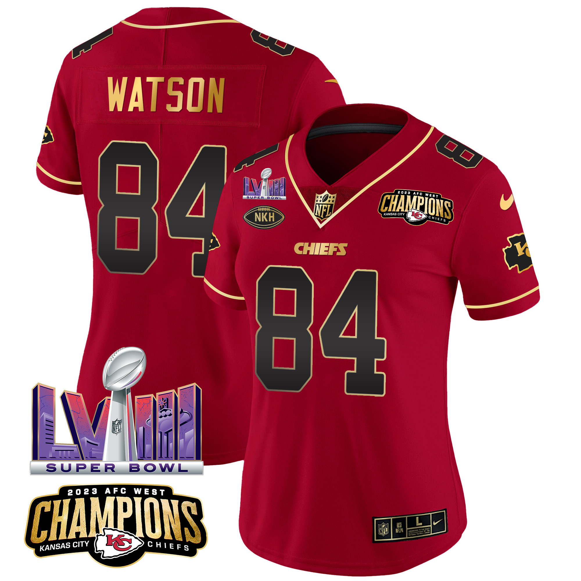 Justin Watson Women's Kansas City Chiefs AFC West Champions & Super Bowl LVIII Patch Vapor Red Special Jersey - All Stitched 