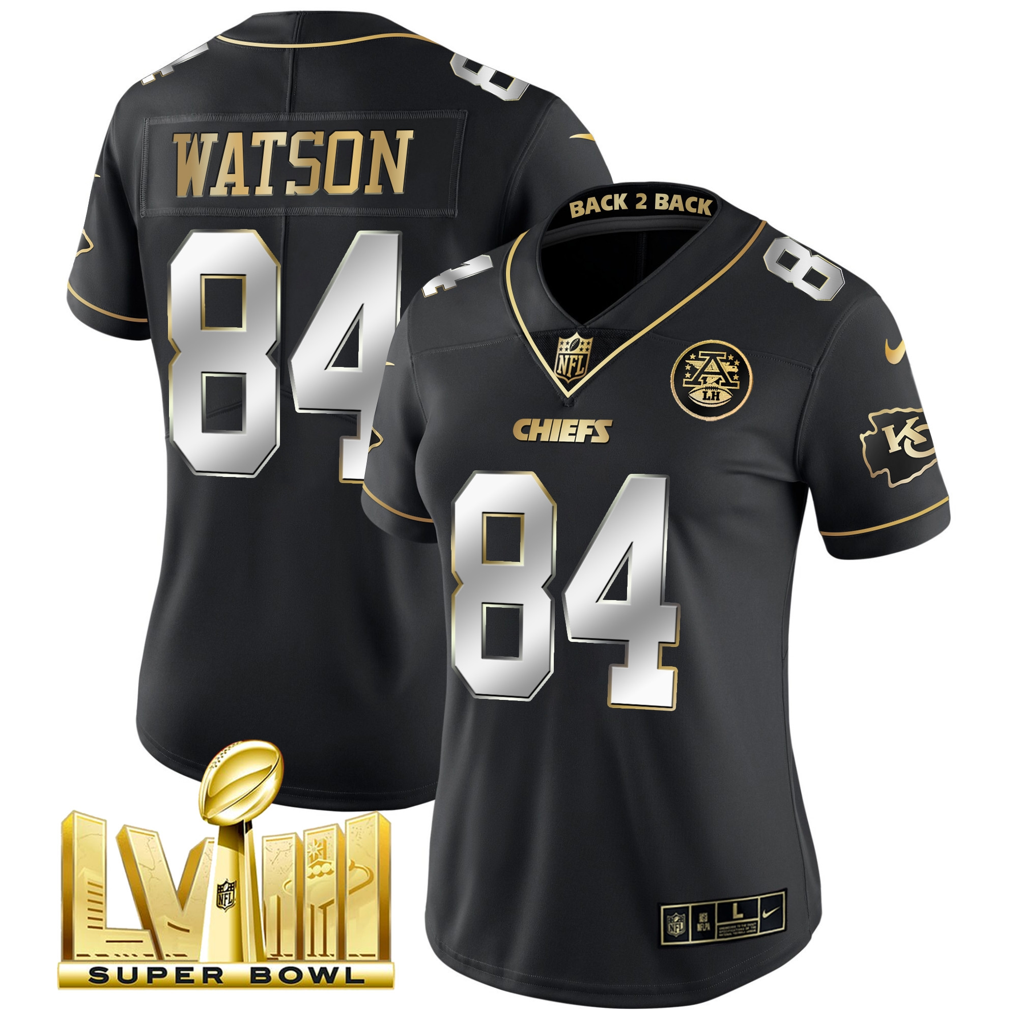 Justin Watson Women's Kansas City Chiefs Super Bowl LVIII & Back 2 Back Patch Vapor Black Limited Jersey - All Stitched 