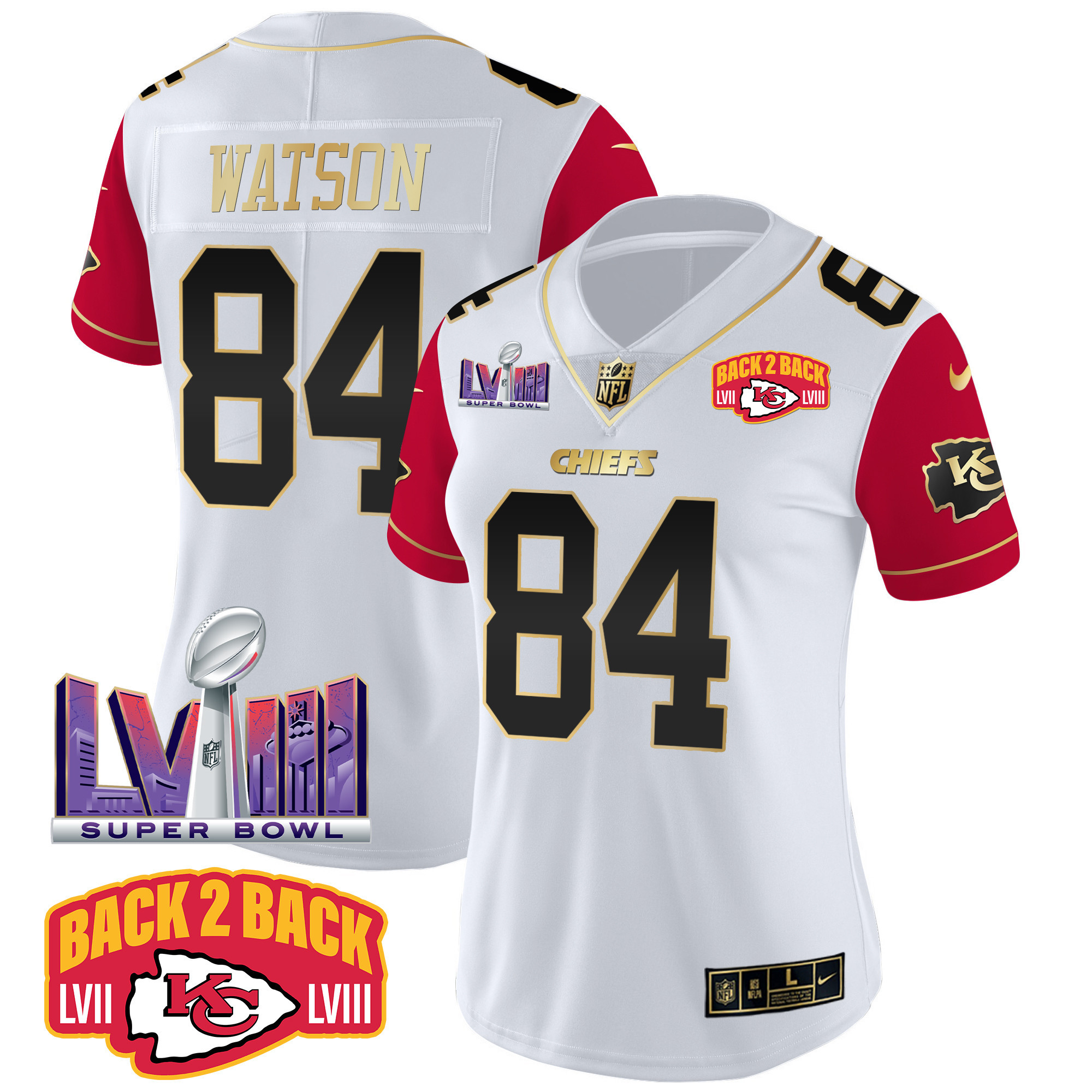 Justin Watson Women's Kansas City Chiefs Super Bowl LVIII & Back 2 Back Patch Vapor Color Sleeves Jersey - All Stitched 