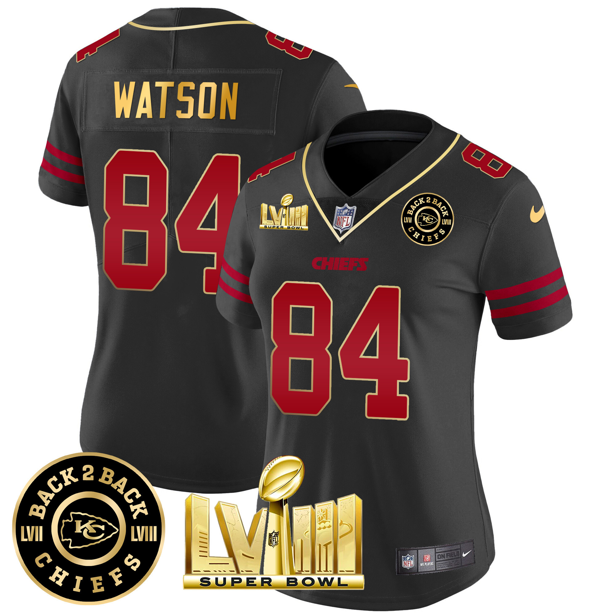 Justin Watson Women's Kansas City Chiefs Super Bowl LVIII & Back 2 Back Patch Vapor Gold Trim Jersey - All Stitched 