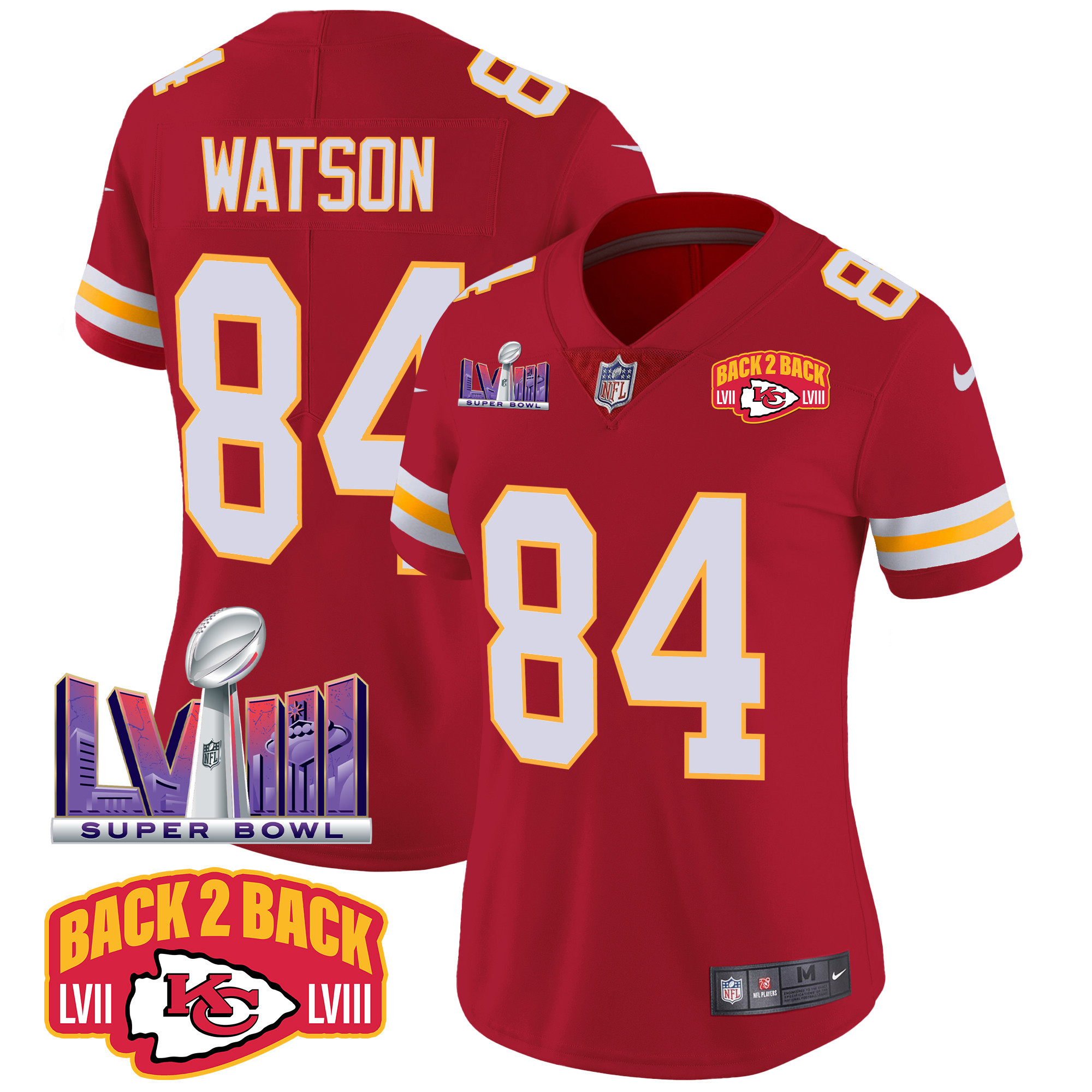 Justin Watson Women's Kansas City Chiefs Super Bowl LVIII & Back 2 Back Patch Vapor Red Jersey - All Stitched 