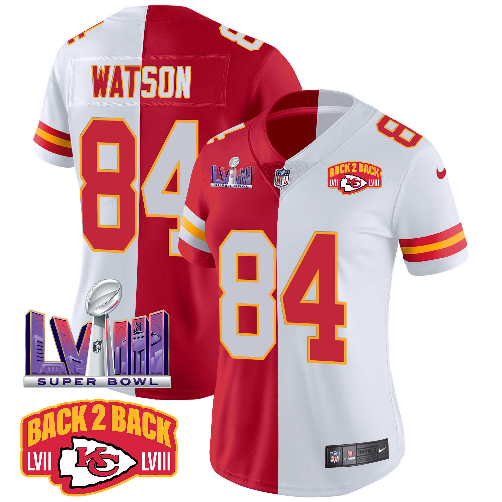 Justin Watson Women's Kansas City Chiefs Super Bowl LVIII & Back 2 Back Patch Vapor Split Jersey - All Stitched 