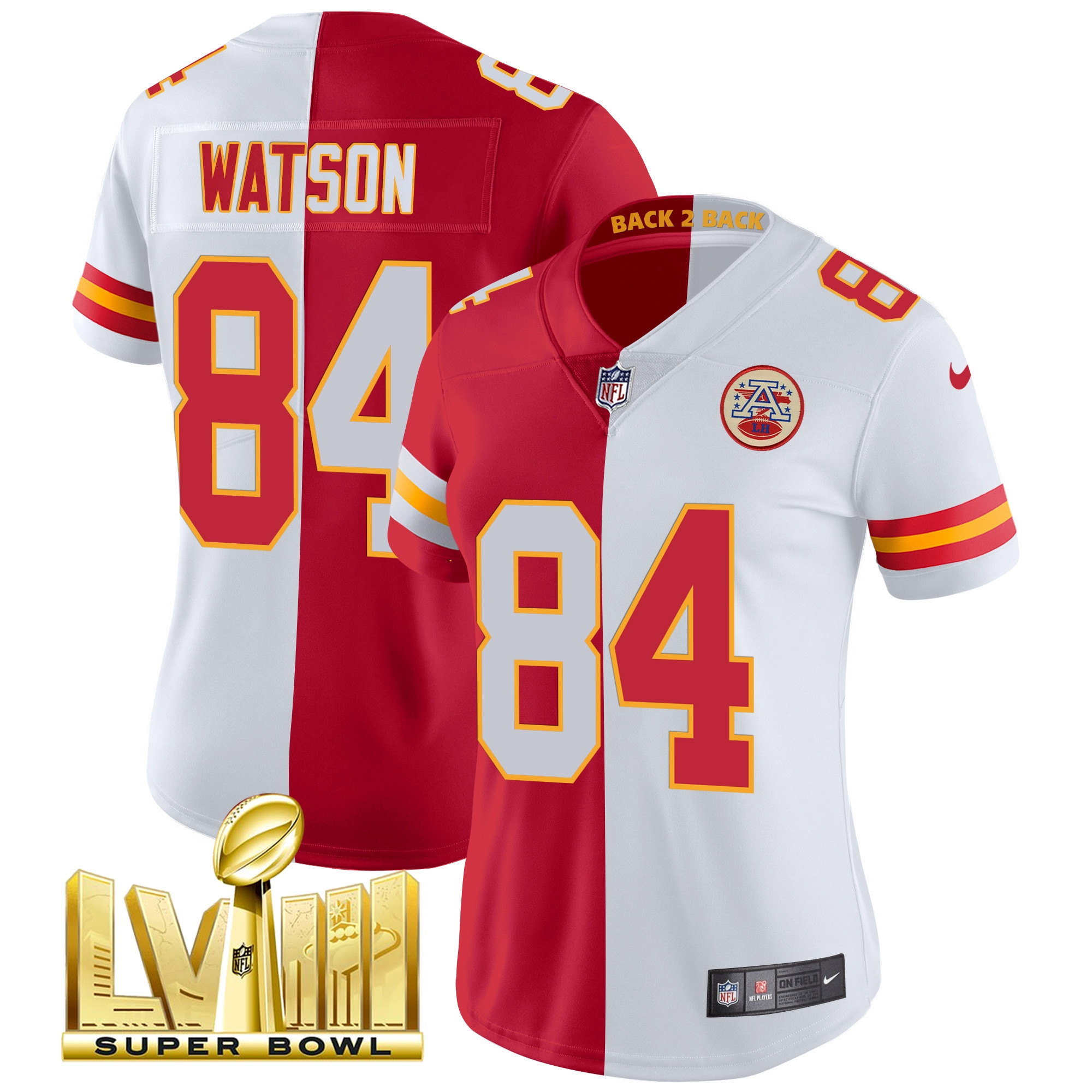 Justin Watson Women's Kansas City Chiefs Super Bowl LVIII & Back 2 Back Patch Vapor Split Jersey - All Stitched 