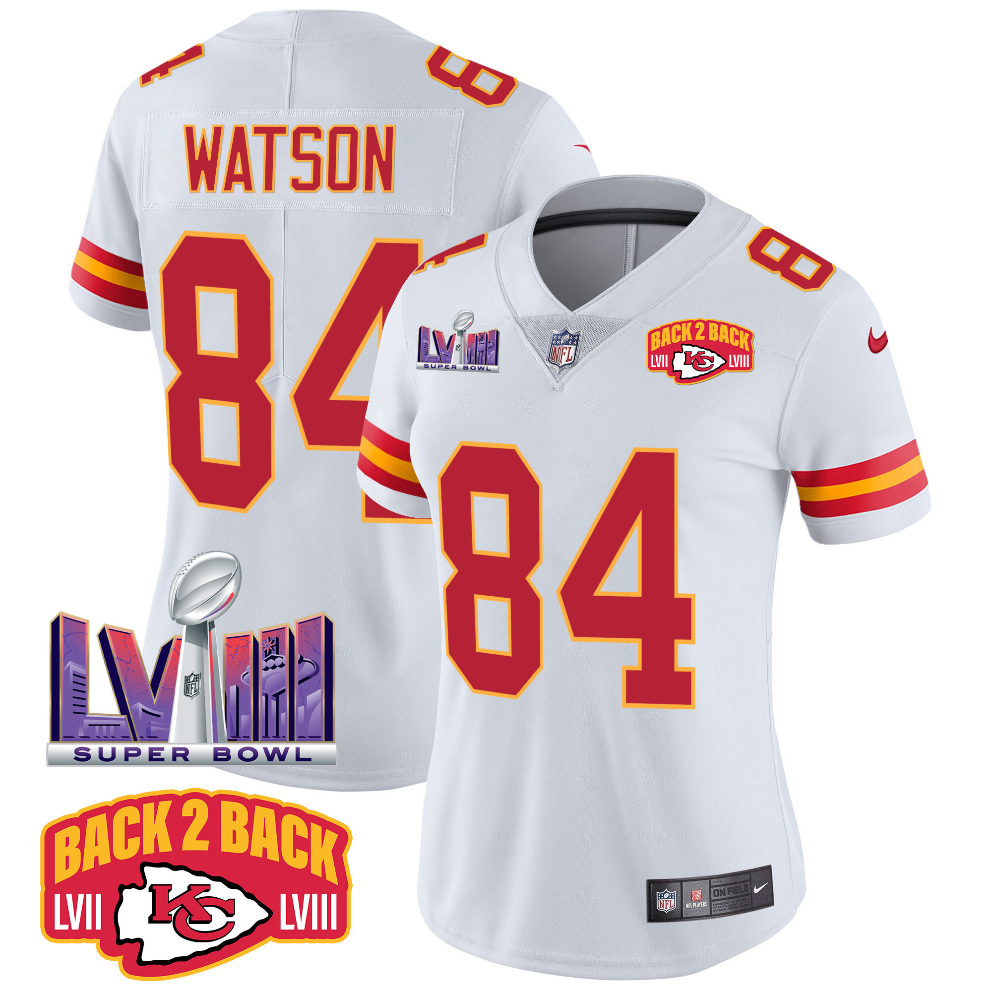 Justin Watson Women's Kansas City Chiefs Super Bowl LVIII & Back 2 Back Patch Vapor White Jersey - All Stitched 