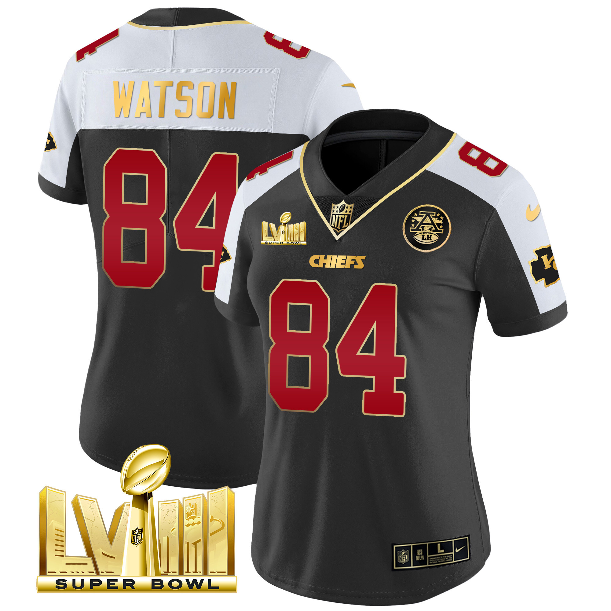 Justin Watson Women's Kansas City Chiefs Super Bowl LVIII Gold Patch Vapor Black Alternate Jersey - All Stitched 