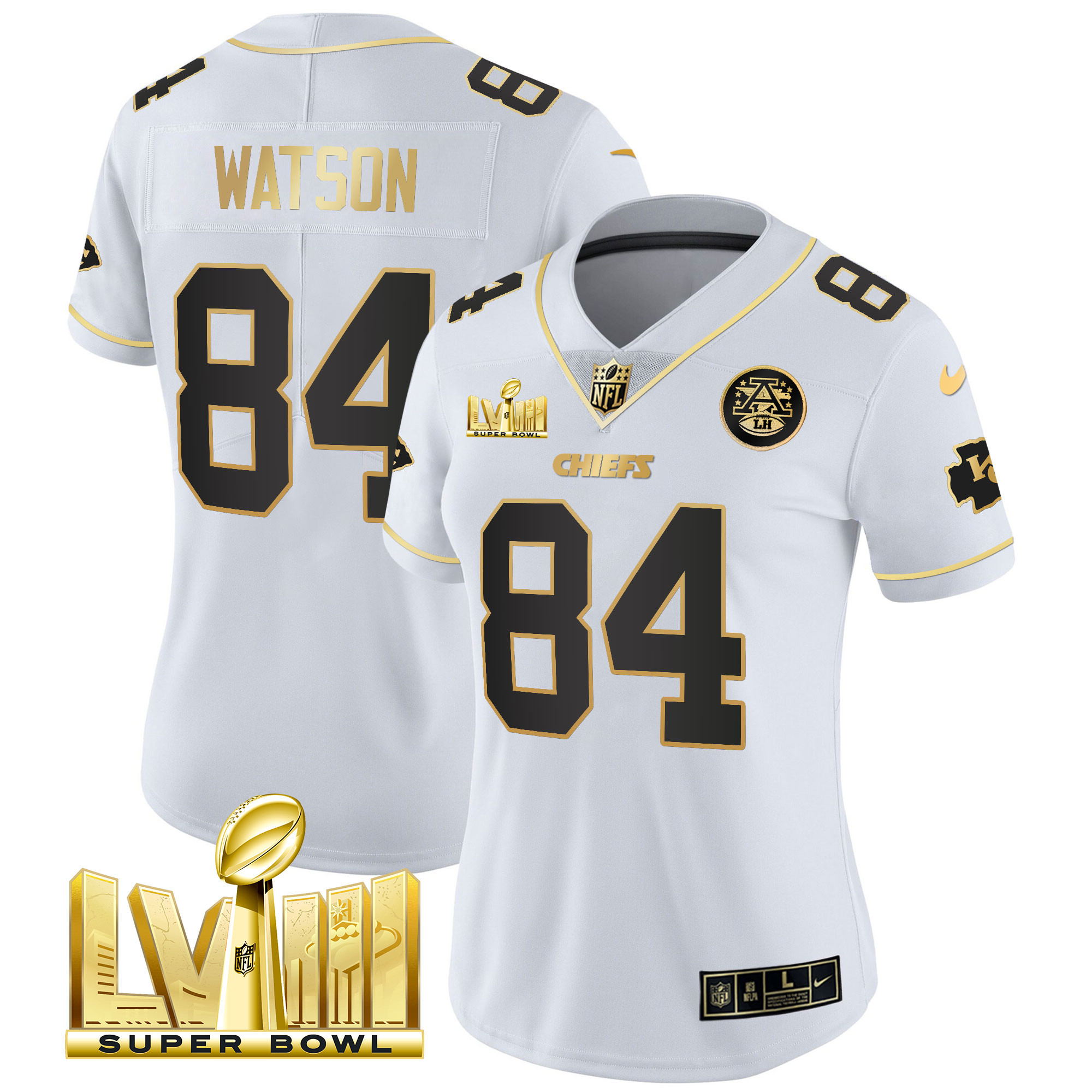 Justin Watson Women's Kansas City Chiefs Super Bowl LVIII Gold Patch Vapor White Gold Jersey - All Stitched 