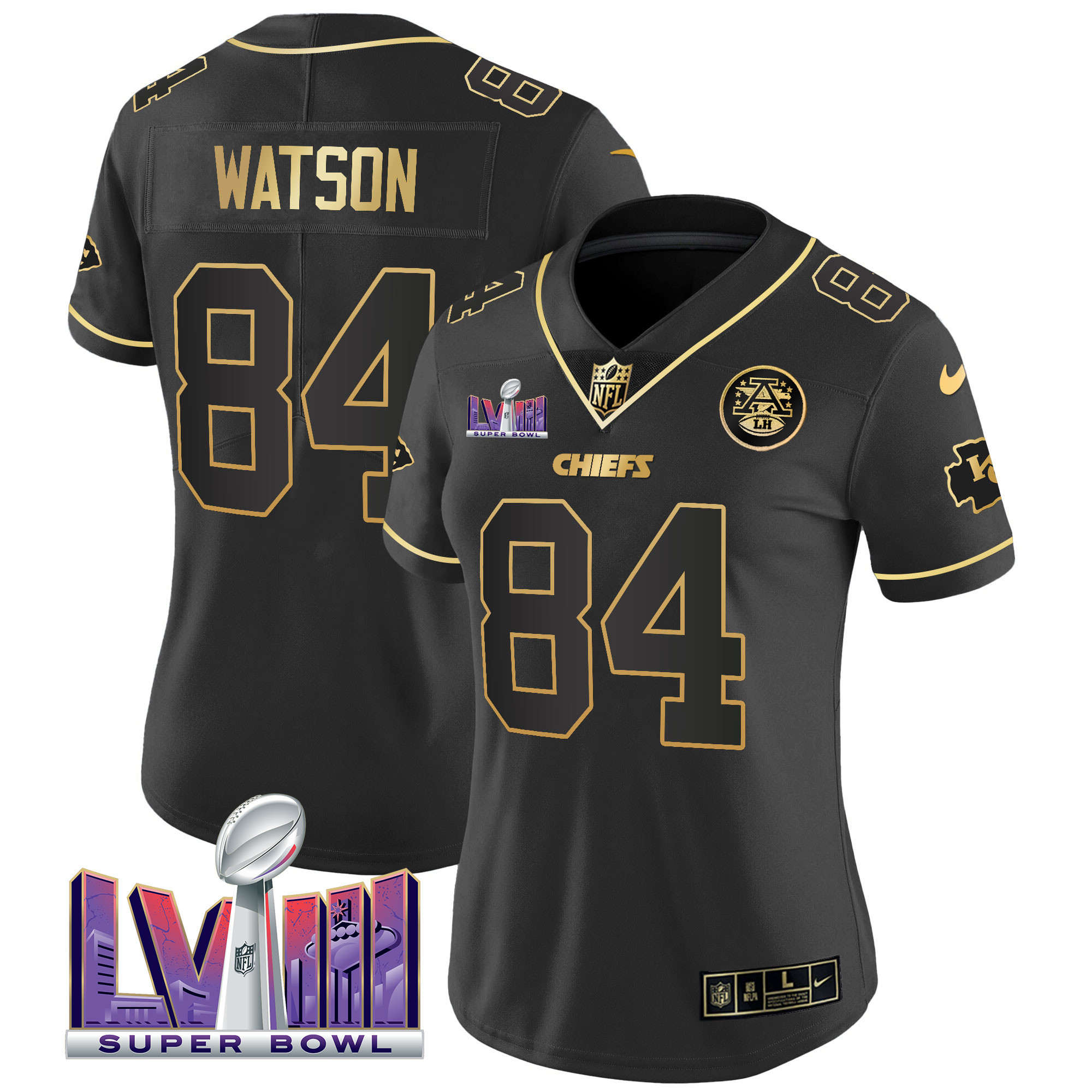 Justin Watson Women's Kansas City Chiefs Super Bowl LVIII Patch Vapor Black Gold Jersey - All Stitched 