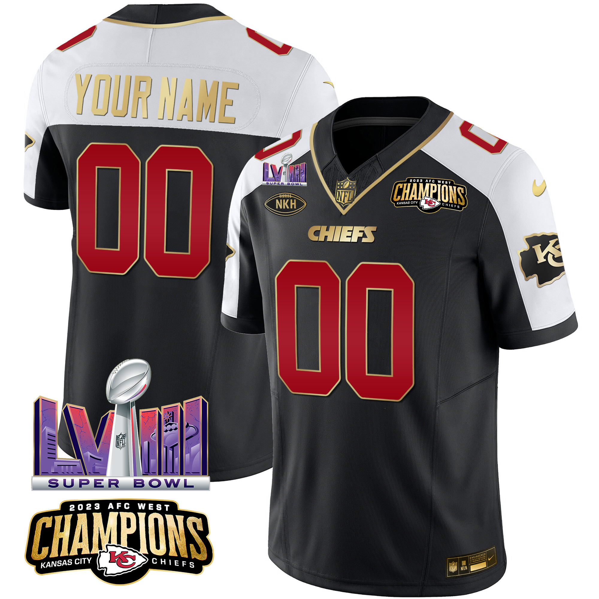 Kansas City Chiefs AFC West Champions & Super Bowl LVIII Patch Vapor Custom Black Alternate Jersey - All Stitched 