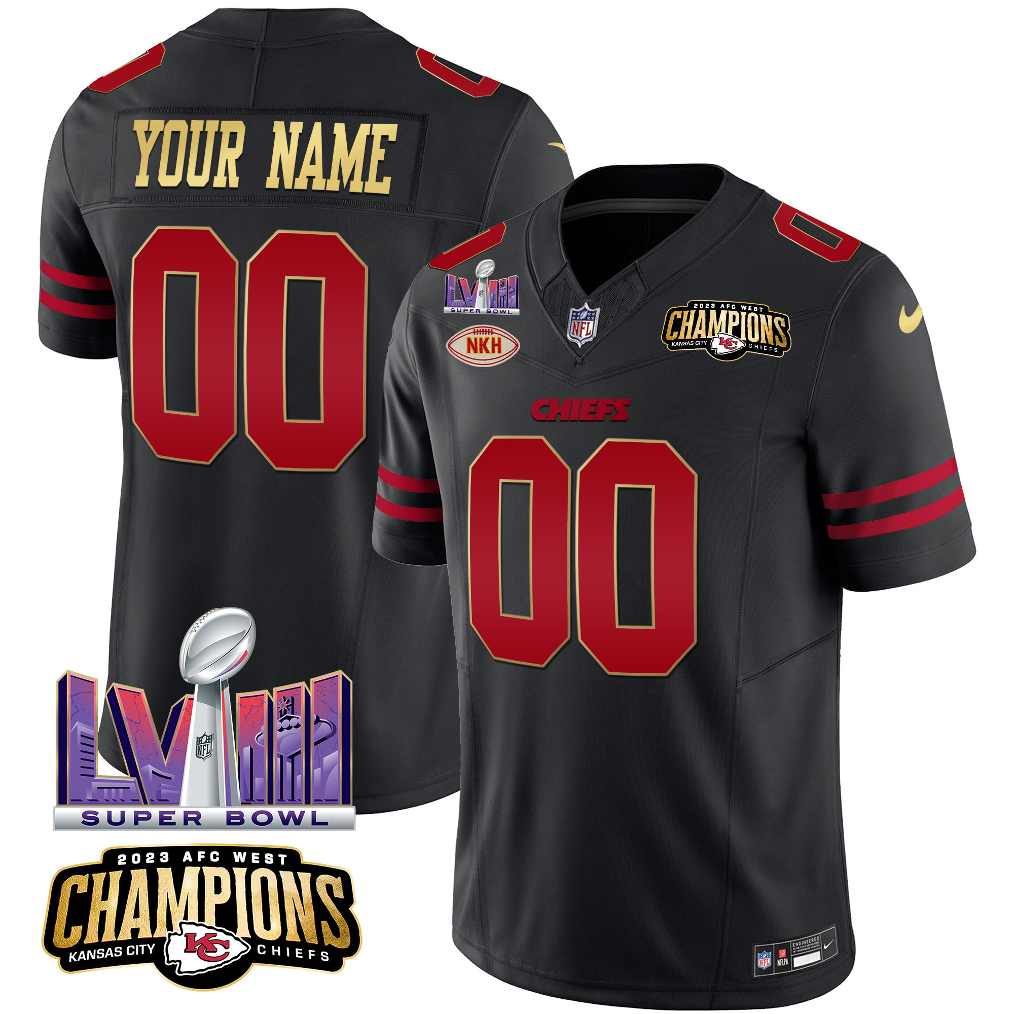 Kansas City Chiefs AFC West Champions & Super Bowl LVIII Patch Vapor Custom Gold Trim Jersey - All Stitched 