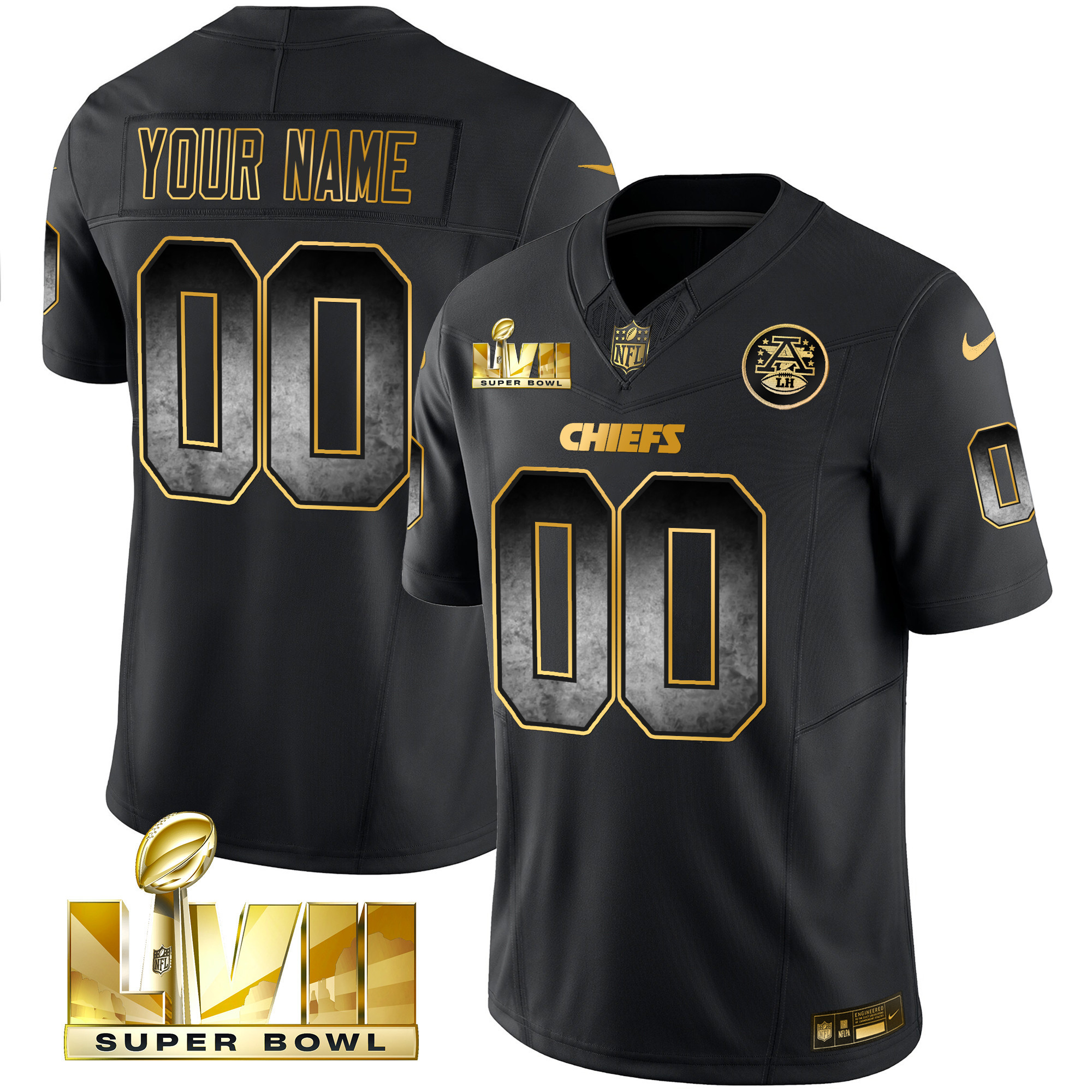 Kansas City Chiefs Gold Arch Smoke Vapor Custom Black Gold Jersey - All Stitched 