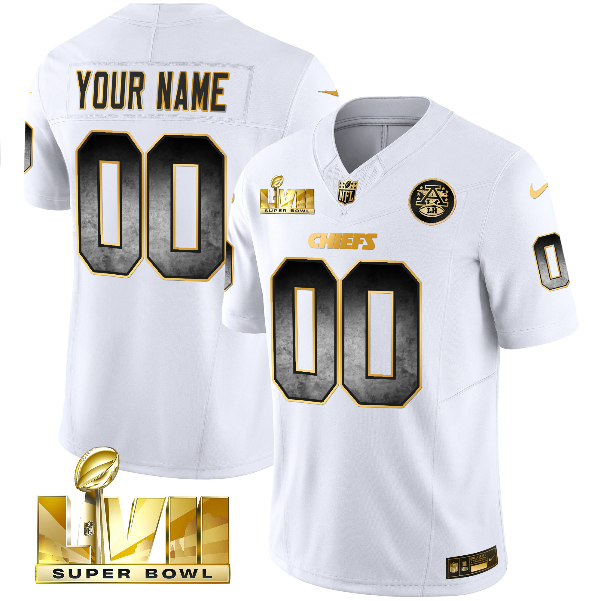 Kansas City Chiefs Gold Arch Smoke Vapor Custom White Gold Jersey - All Stitched 