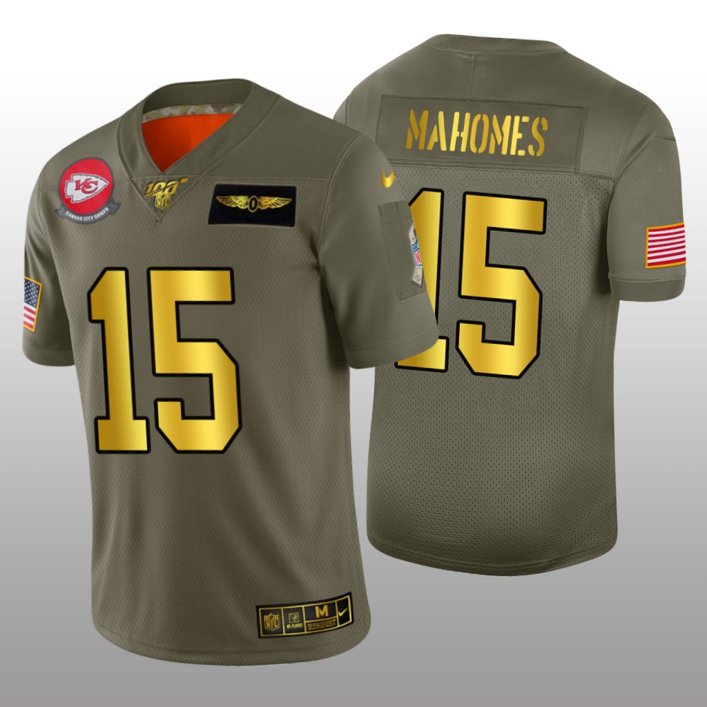 Kansas City Chiefs Patrick Mahomes Olive Golden NFL 100 Jersey 2019 Salute to Service - Men's