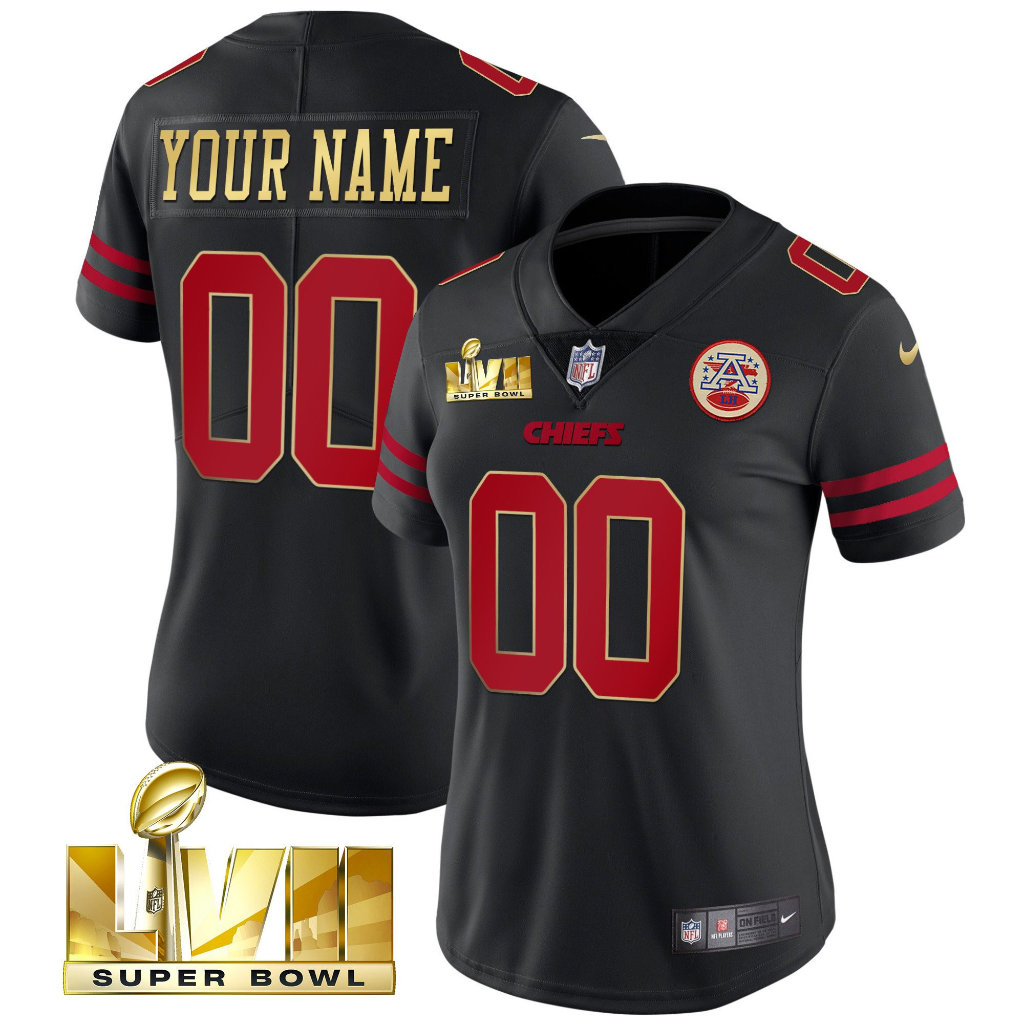 Kansas City Chiefs Super Bowl Custom Name & Number Black Gold Trim Jersey - All Stitched 