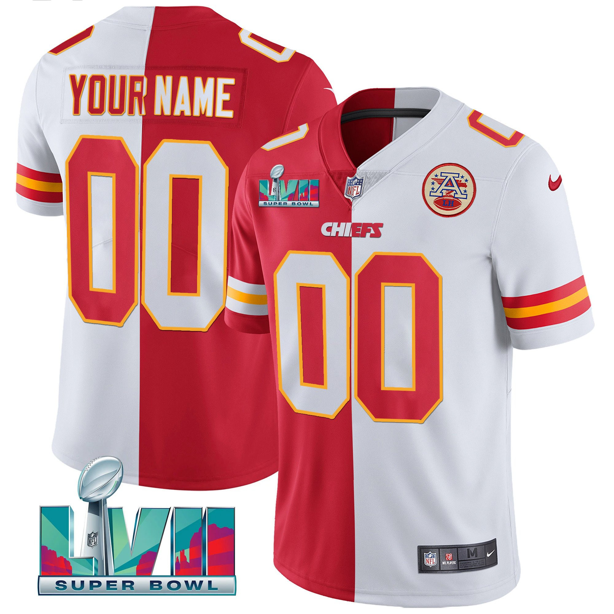 Kansas City Chiefs Super Bowl Custom Name & Number Split Jersey - All Stitched 