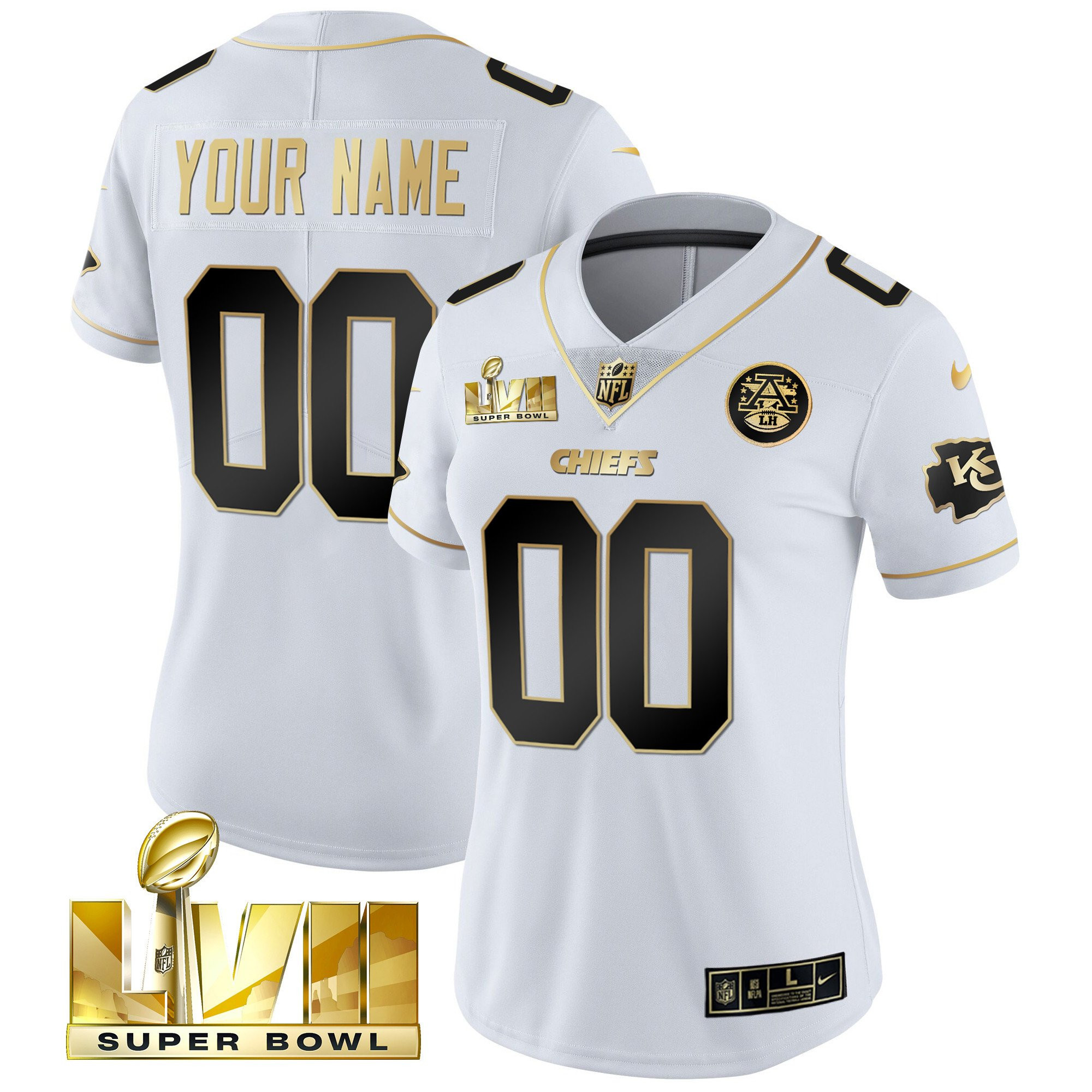 Kansas City Chiefs Super Bowl Custom Name & Number White Gold Jersey - All Stitched 