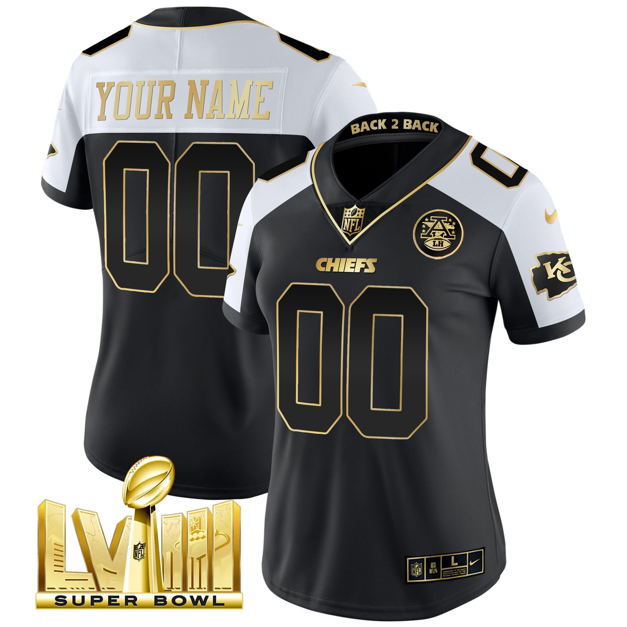 Kansas City Chiefs Super Bowl LVIII & Back 2 Back Gold Patch Vapor Custom Alternate Jersey - All Stitched 