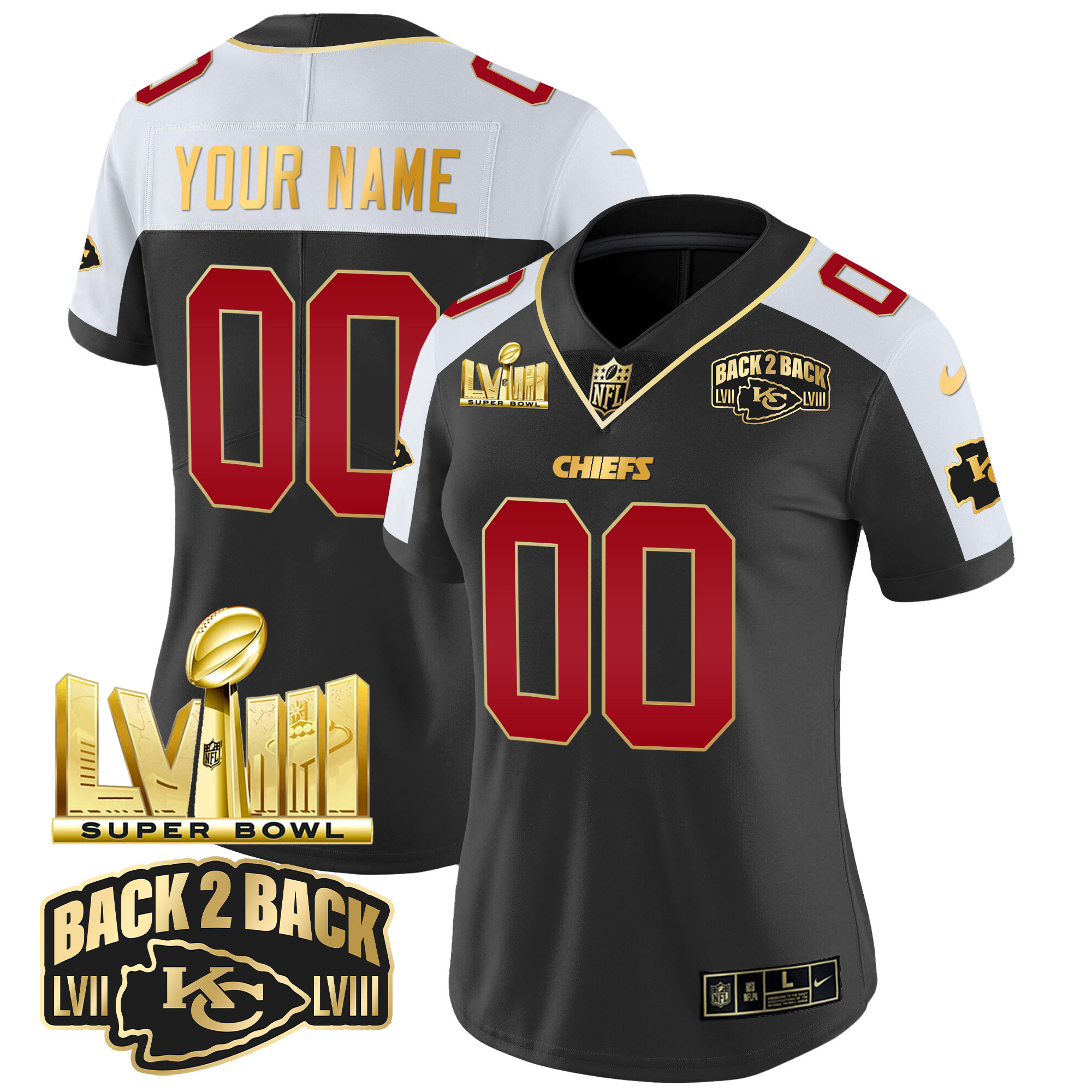 Kansas City Chiefs Super Bowl LVIII & Back 2 Back Gold Patch Vapor Custom Black Alternate Jersey - All Stitched 
