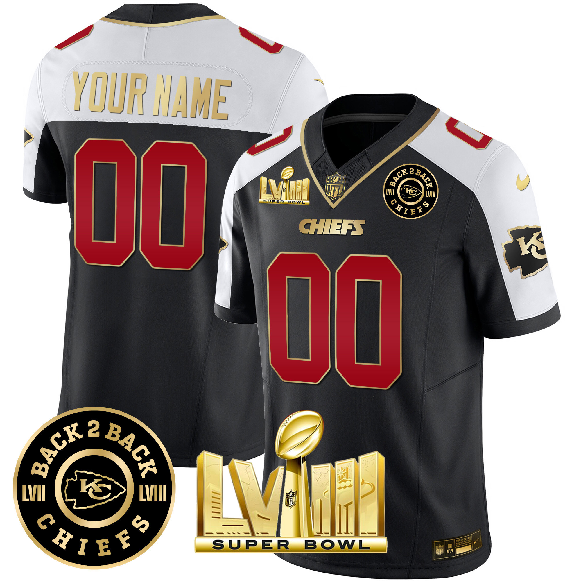 Kansas City Chiefs Super Bowl LVIII & Back 2 Back Gold Patch Vapor Custom Black Alternate Jersey - All Stitched 