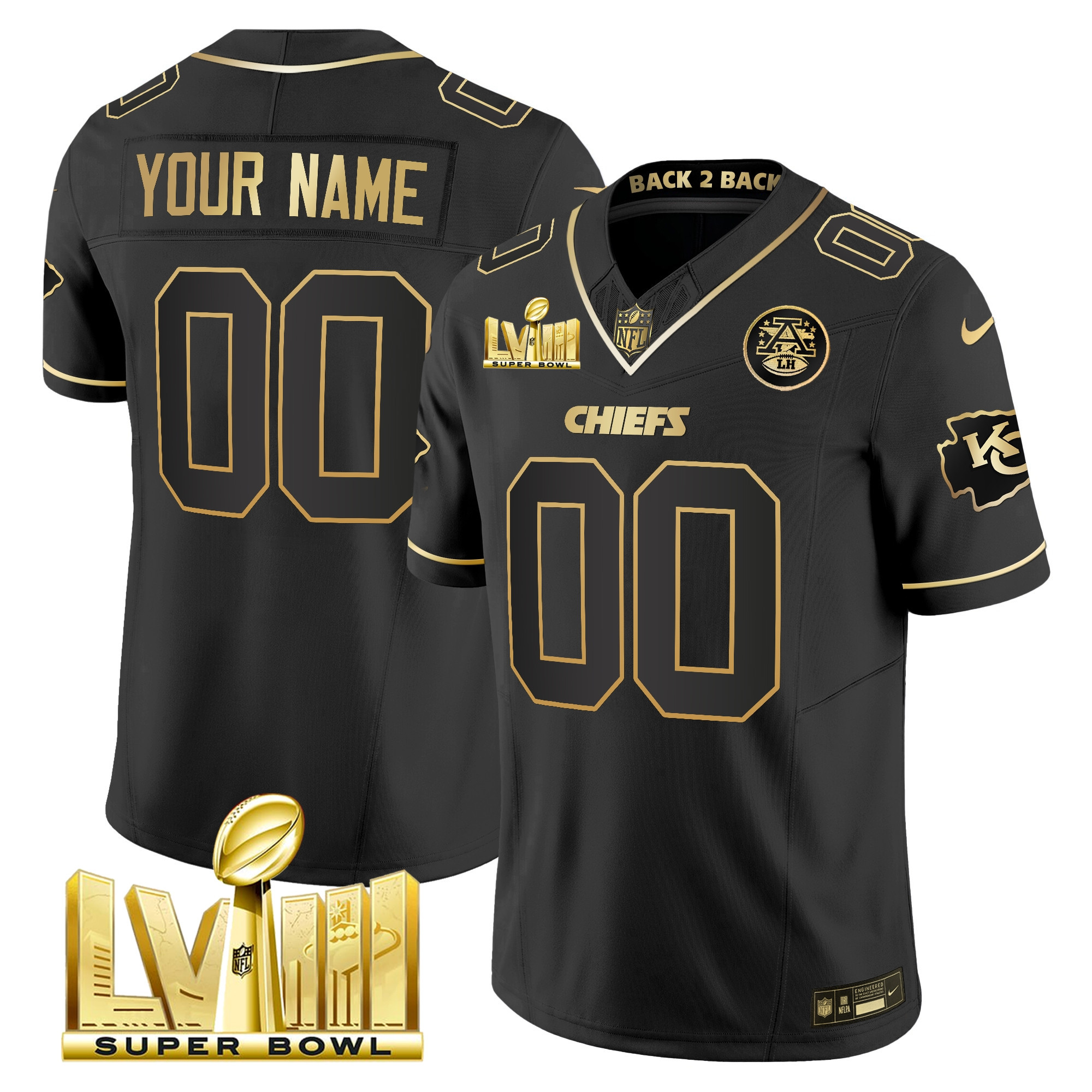 Kansas City Chiefs Super Bowl LVIII & Back 2 Back Gold Patch Vapor Custom Black Gold Jersey - All Stitched 