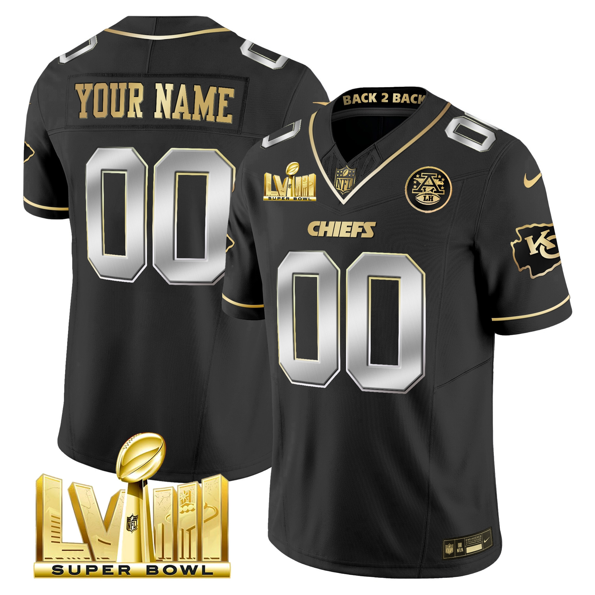 Kansas City Chiefs Super Bowl LVIII & Back 2 Back Gold Patch Vapor Custom Black Limited Jersey - All Stitched 