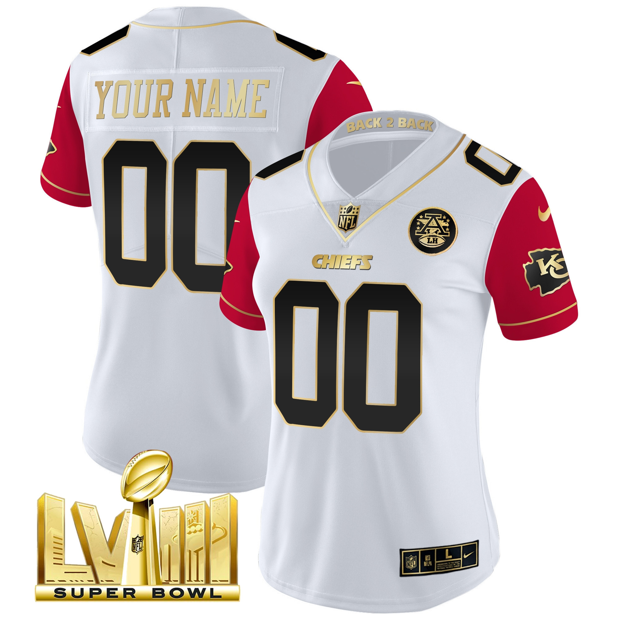 Kansas City Chiefs Super Bowl LVIII & Back 2 Back Gold Patch Vapor Custom Color Sleeves Jersey - All Stitched 
