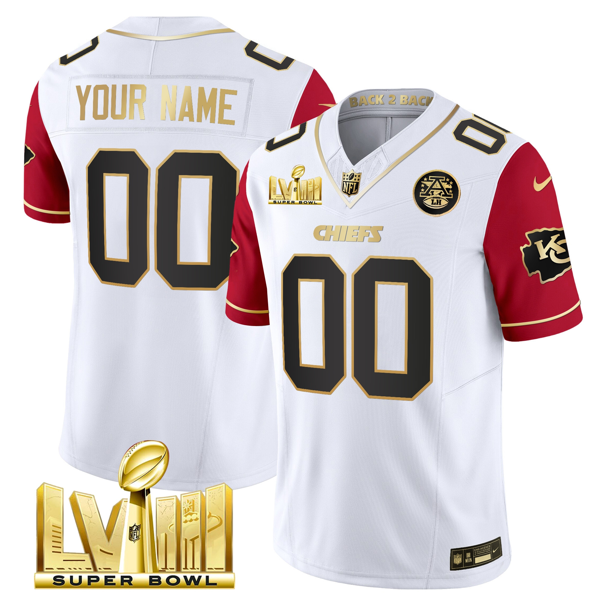 Kansas City Chiefs Super Bowl LVIII & Back 2 Back Gold Patch Vapor Custom Color Sleeves Jersey - All Stitched 