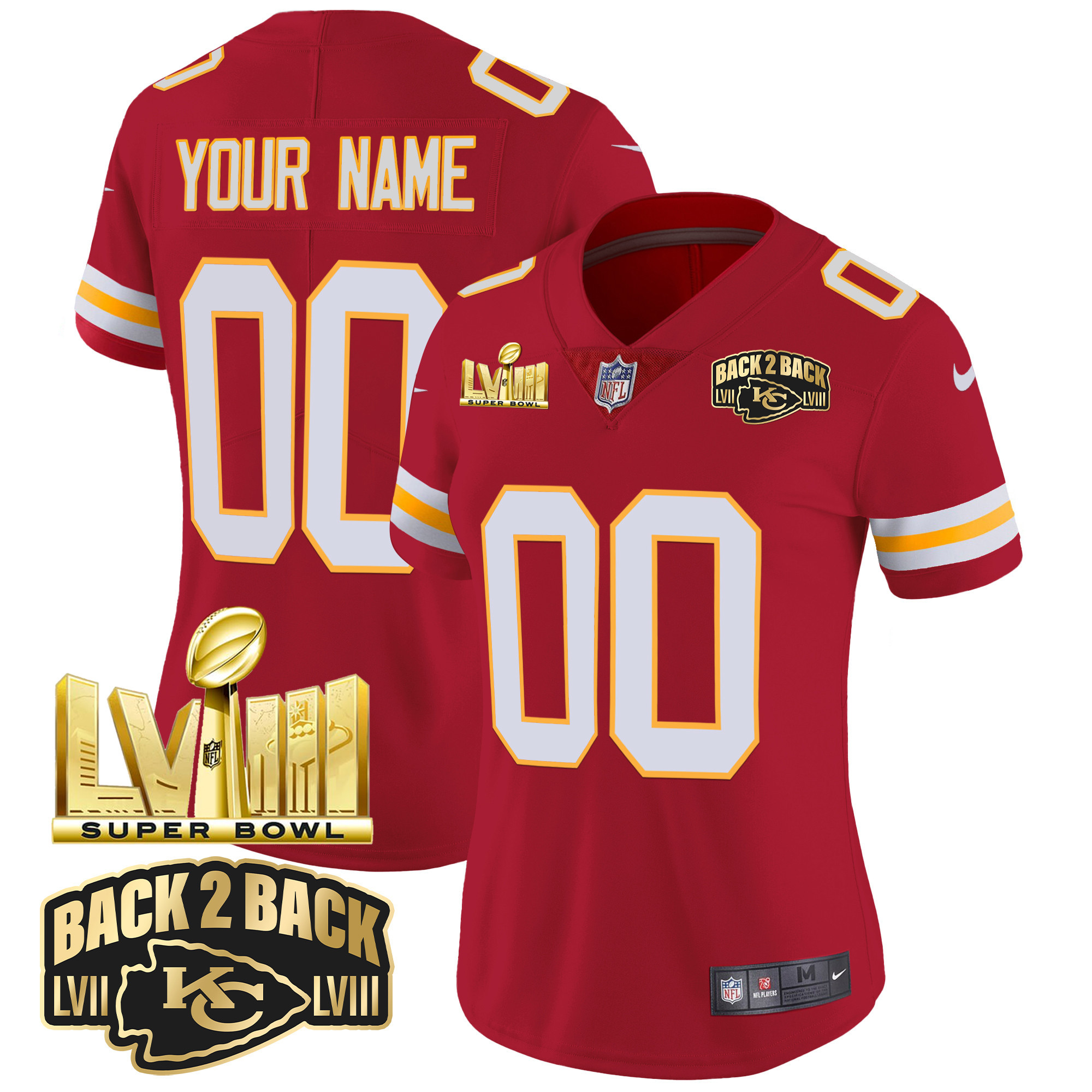 Kansas City Chiefs Super Bowl LVIII & Back 2 Back Gold Patch Vapor Custom Red Jersey - All Stitched 