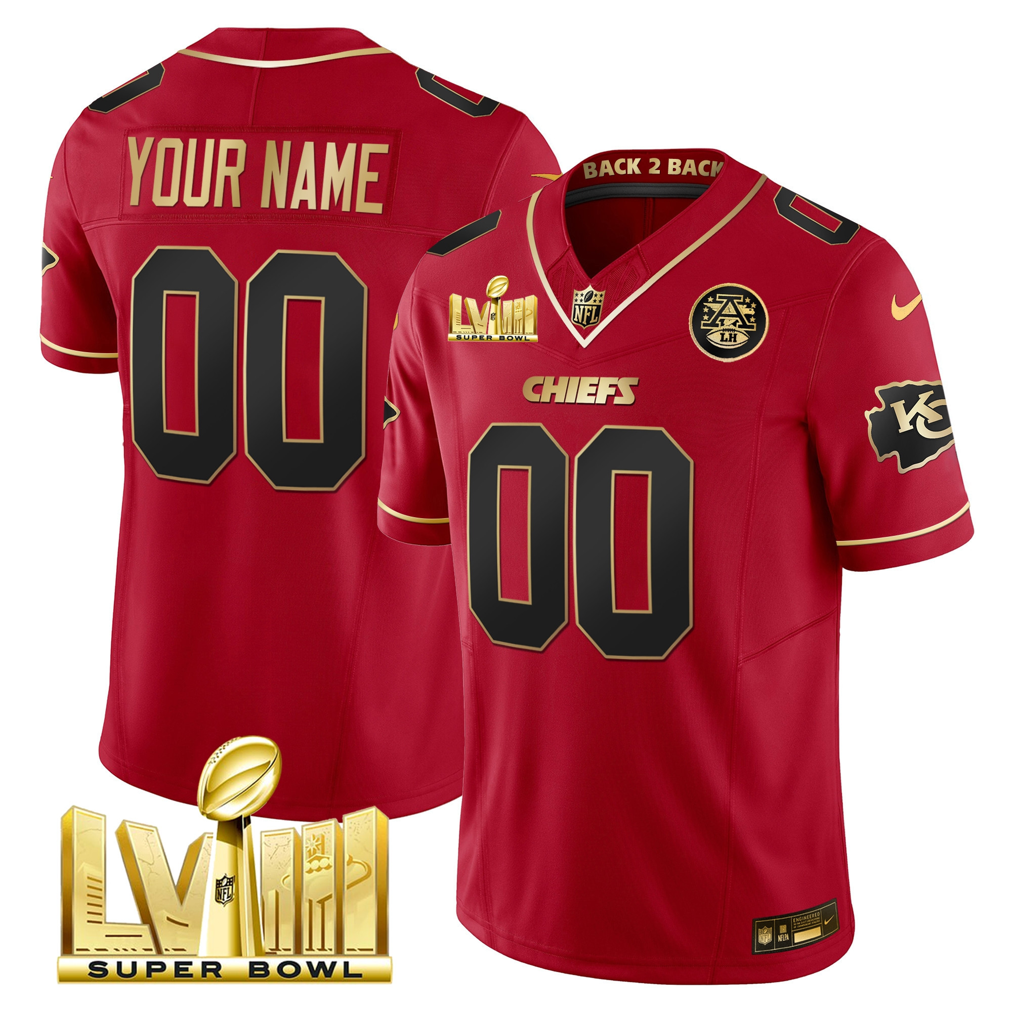Kansas City Chiefs Super Bowl LVIII & Back 2 Back Gold Patch Vapor Custom Red Special Jersey - All Stitched 