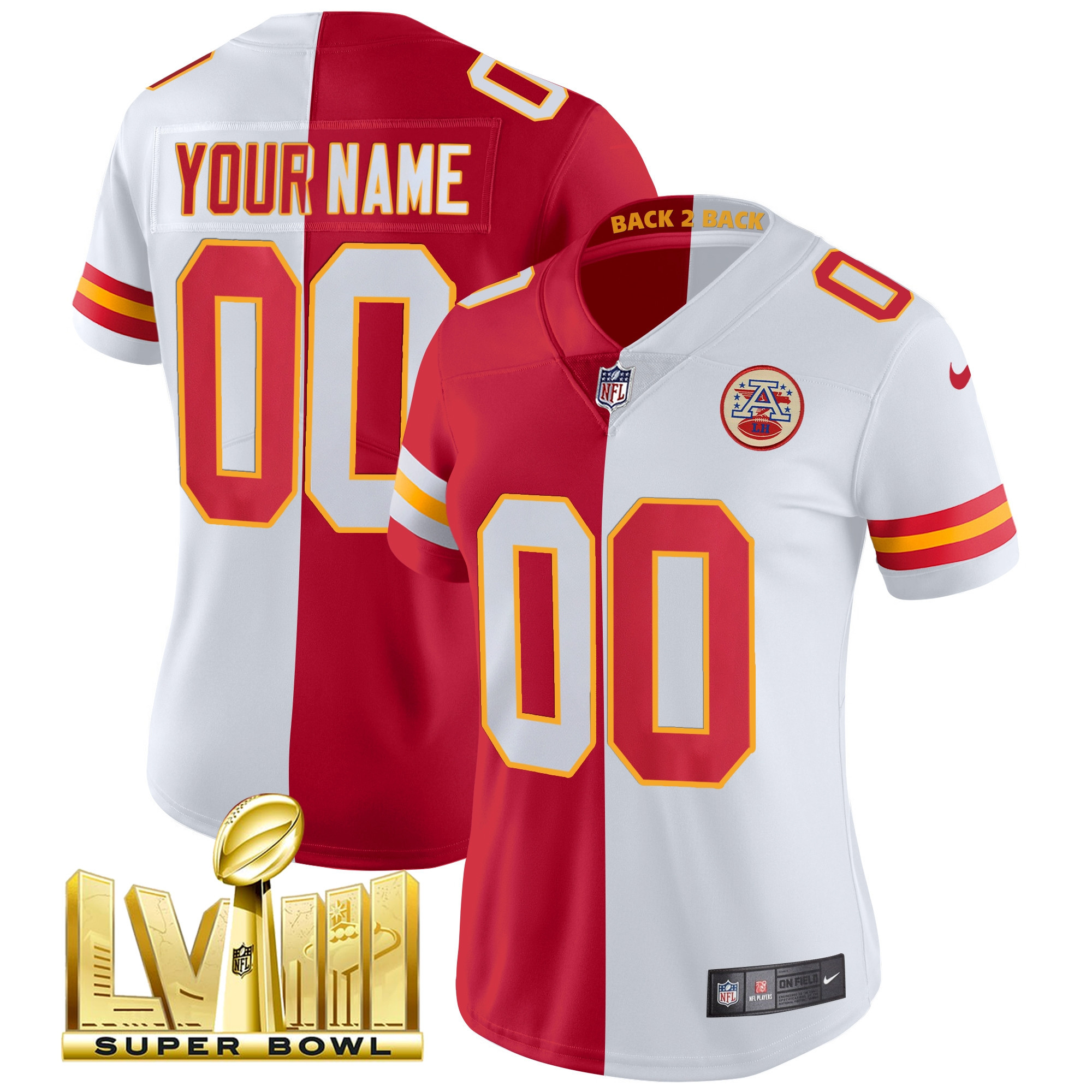 Kansas City Chiefs Super Bowl LVIII & Back 2 Back Gold Patch Vapor Custom Split Jersey - All Stitched 