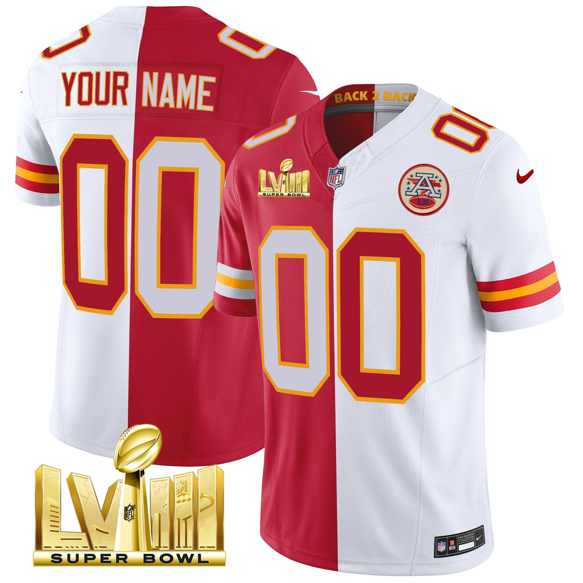 Kansas City Chiefs Super Bowl LVIII & Back 2 Back Gold Patch Vapor Custom Split Jersey - All Stitched 