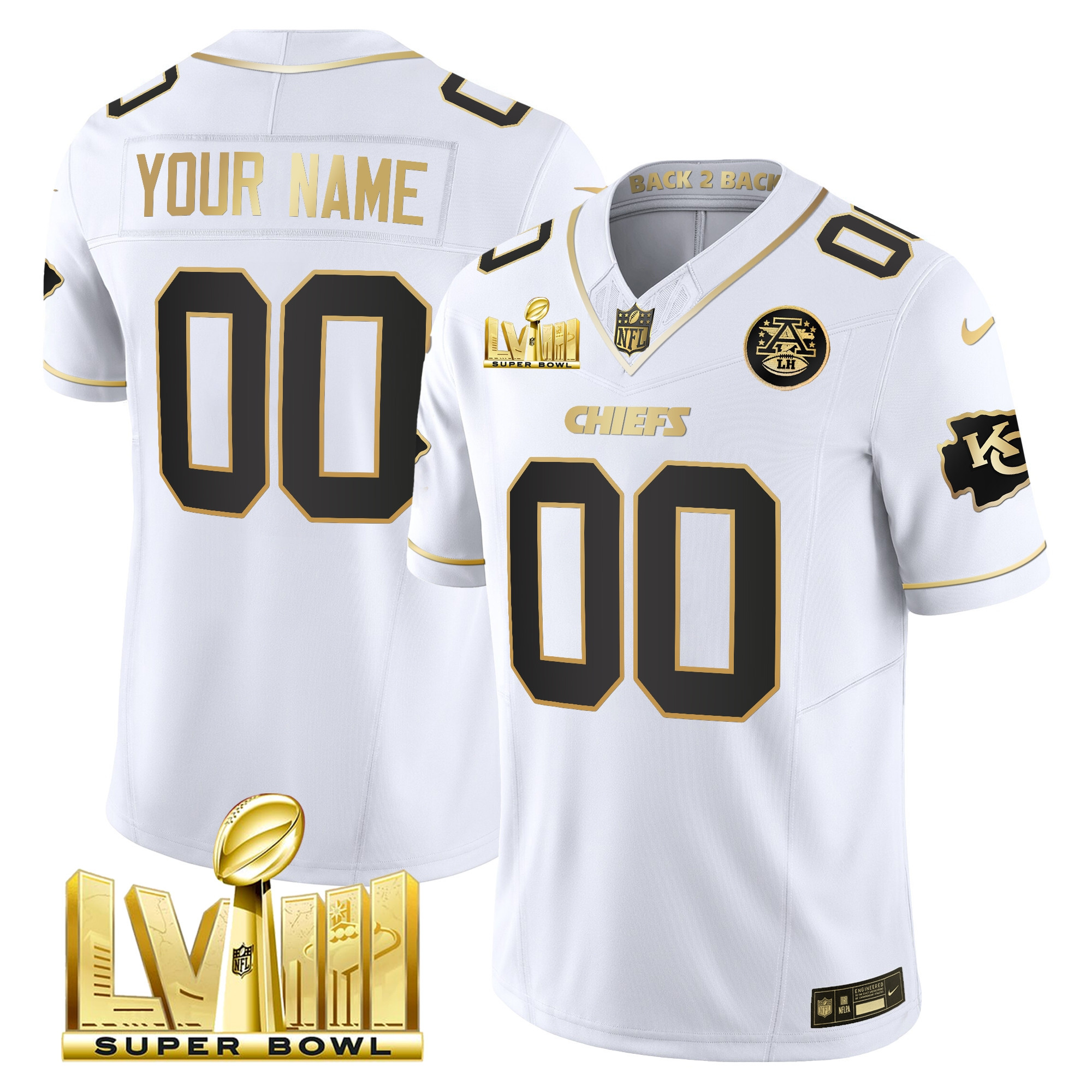 Kansas City Chiefs Super Bowl LVIII & Back 2 Back Gold Patch Vapor Custom White Gold Jersey - All Stitched 