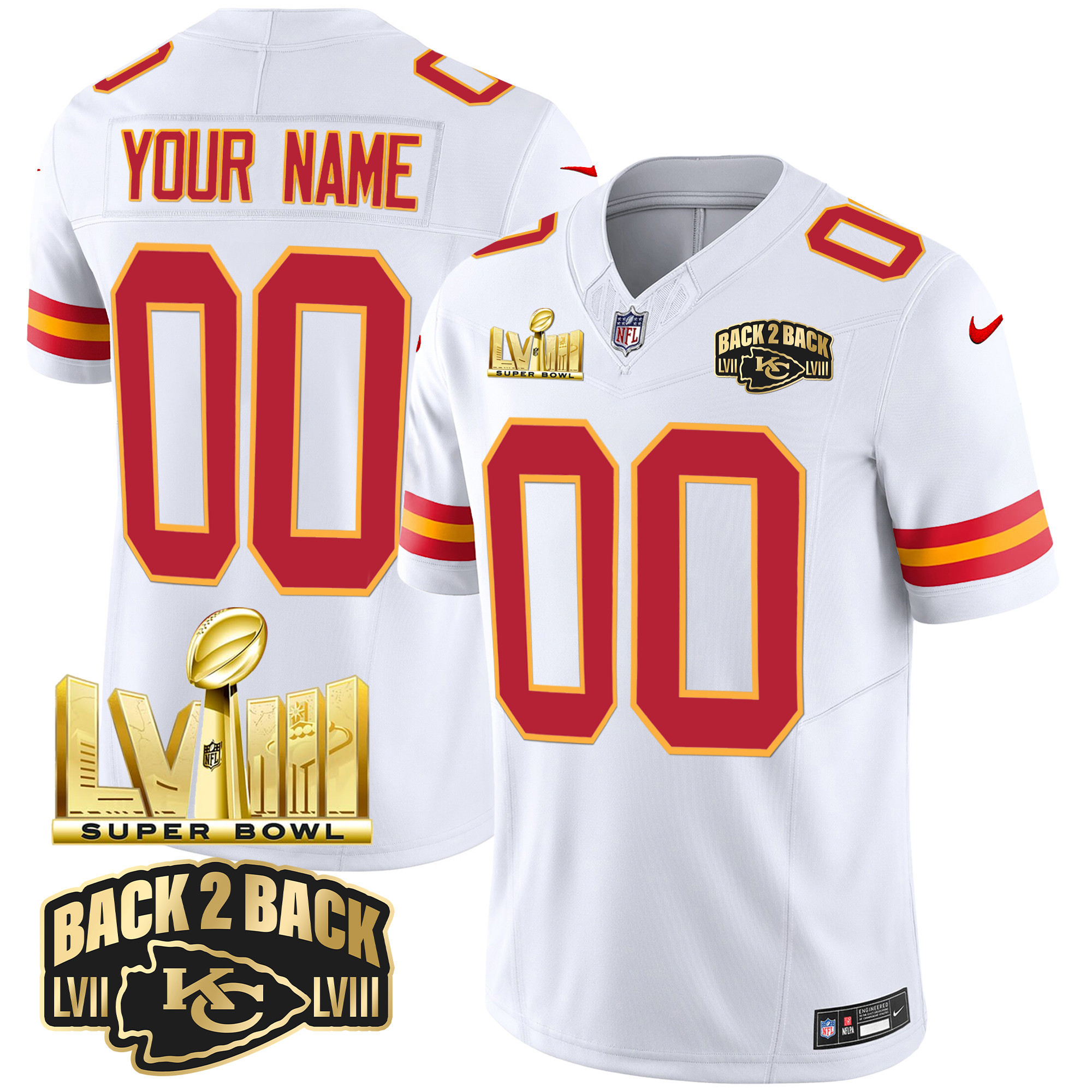 Kansas City Chiefs Super Bowl LVIII & Back 2 Back Gold Patch Vapor Custom White Jersey - All Stitched 