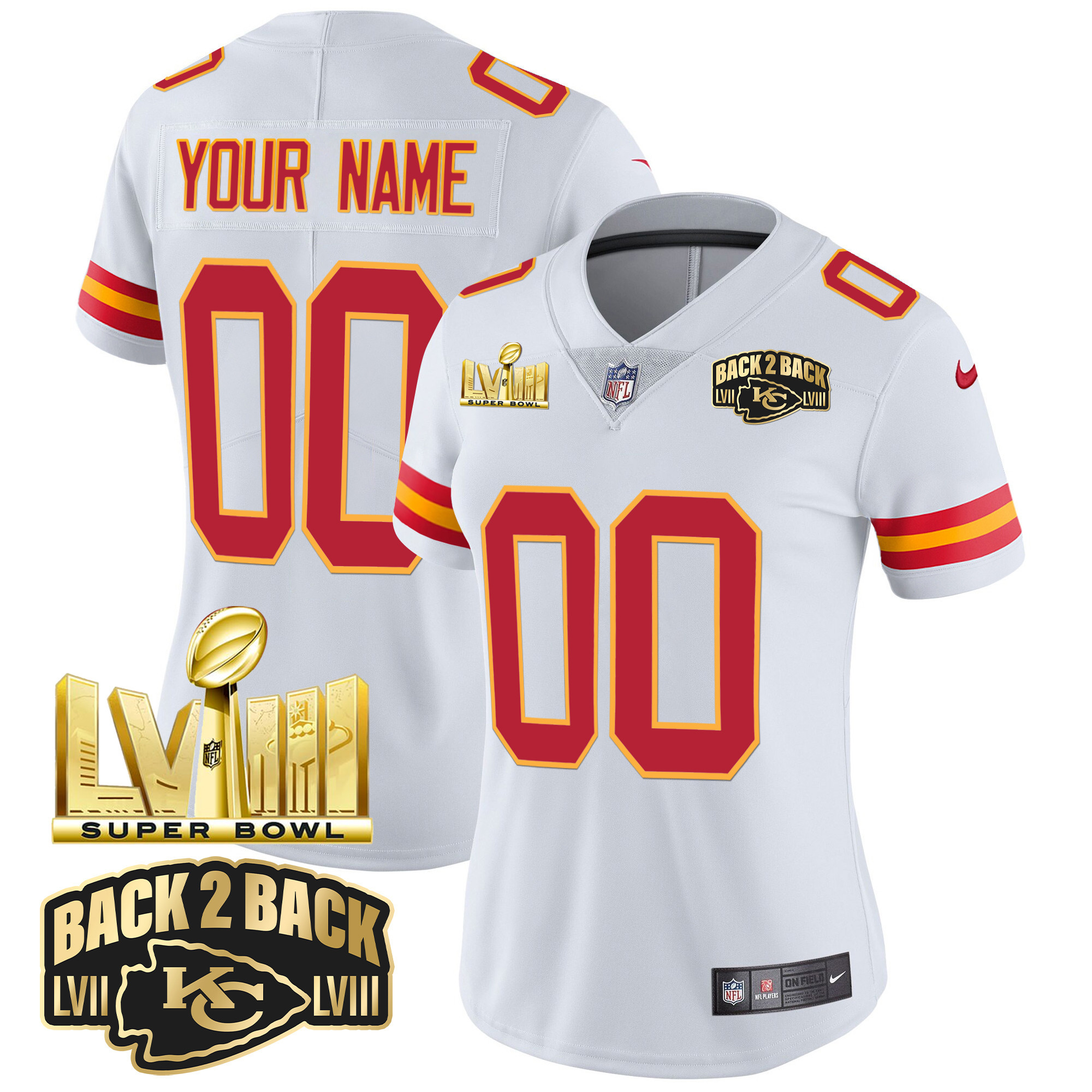 Kansas City Chiefs Super Bowl LVIII & Back 2 Back Gold Patch Vapor Custom White Jersey - All Stitched 