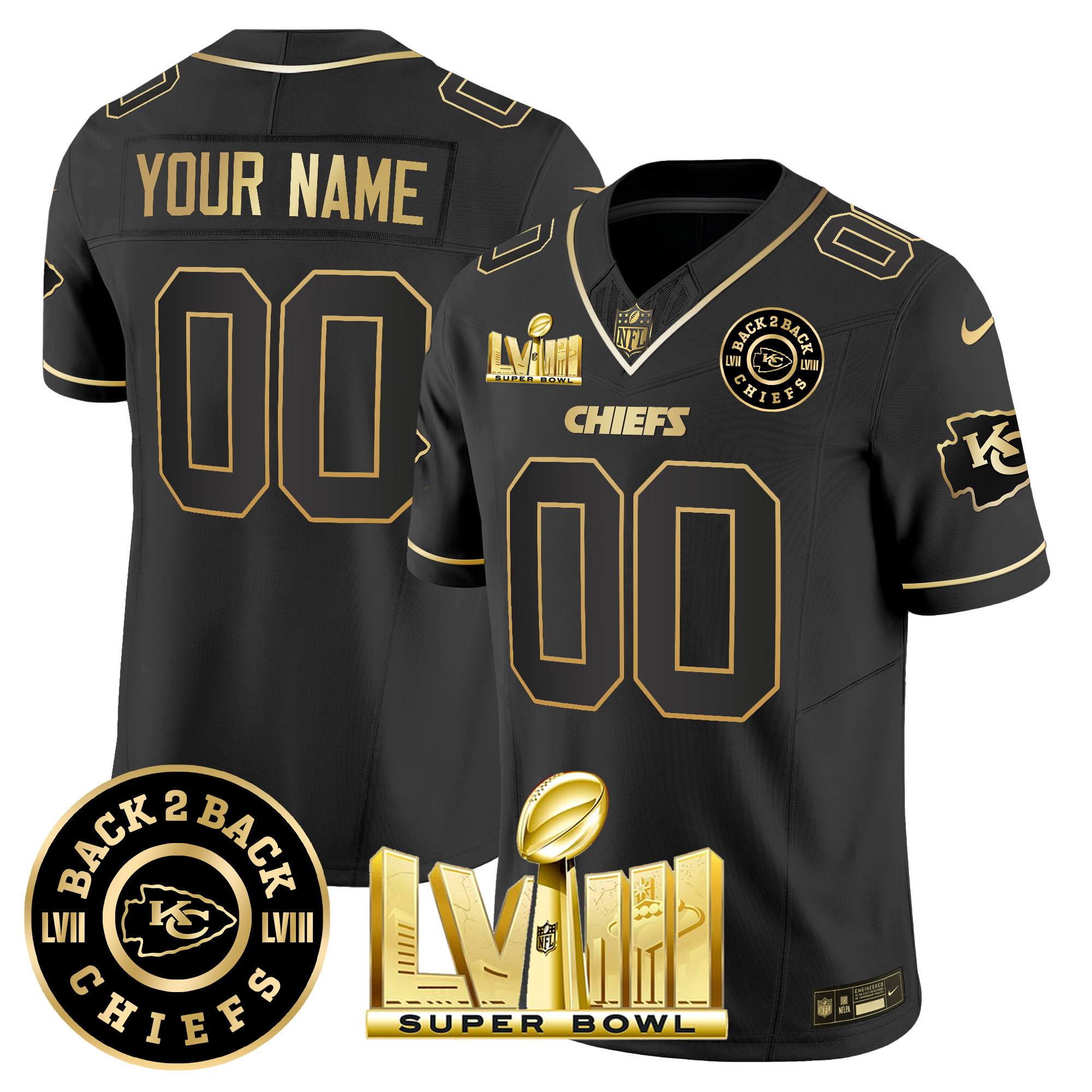 Kansas City Chiefs Super Bowl LVIII & Back 2 Back Patch Vapor Custom Black Gold Jersey - All Stitched 