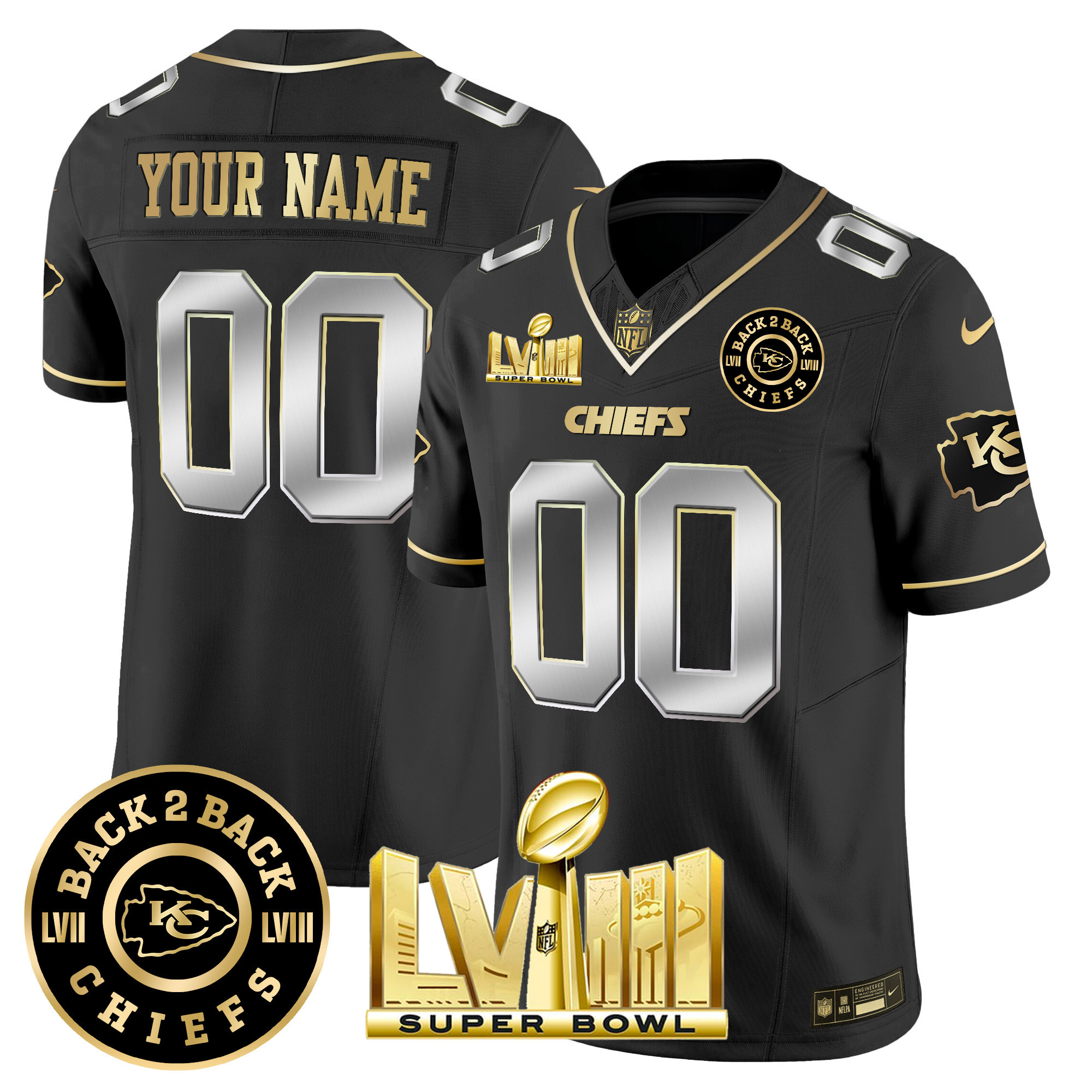 Kansas City Chiefs Super Bowl LVIII & Back 2 Back Patch Vapor Custom Black Limited Jersey - All Stitched 