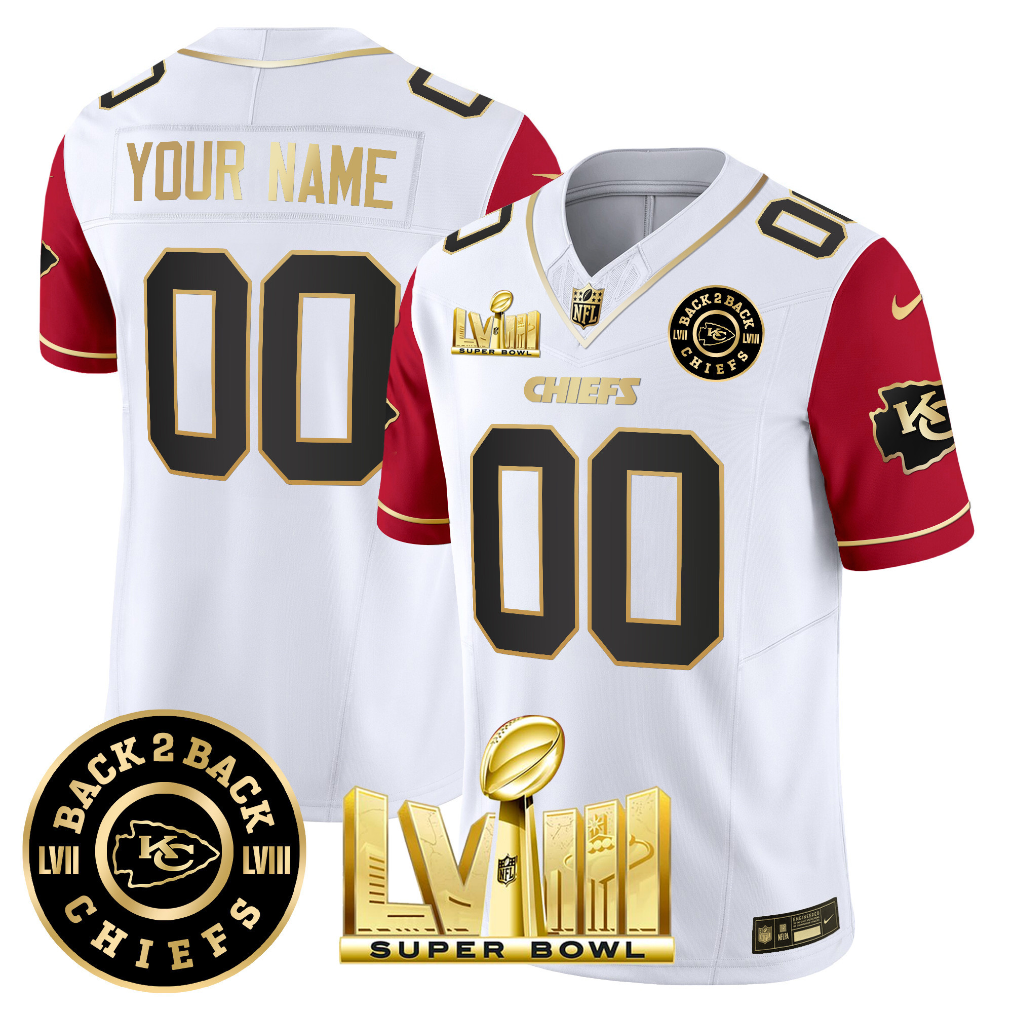 Kansas City Chiefs Super Bowl LVIII & Back 2 Back Patch Vapor Custom Color Sleeves Jersey - All Stitched 