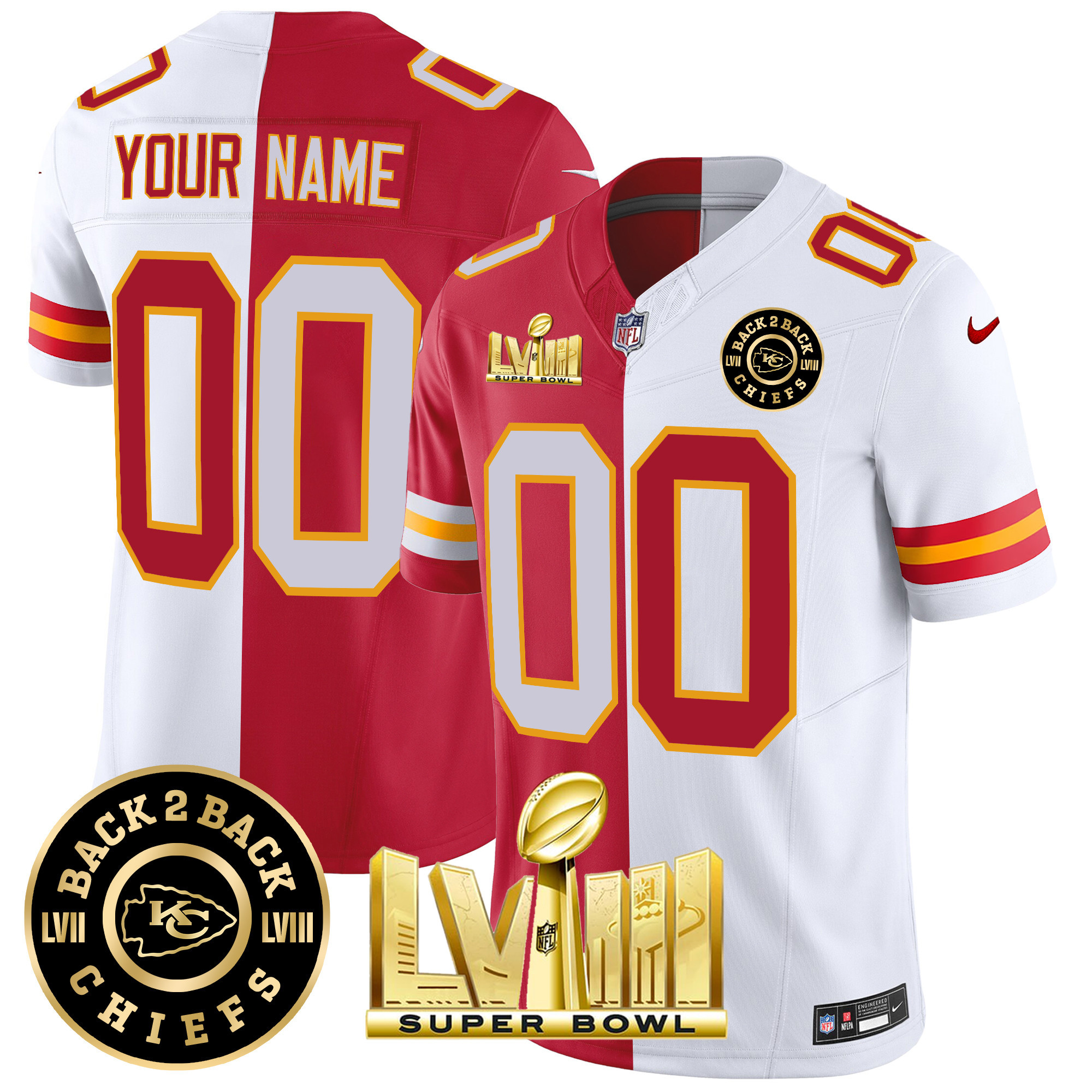 Kansas City Chiefs Super Bowl LVIII & Back 2 Back Patch Vapor Custom Split Jersey - All Stitched 