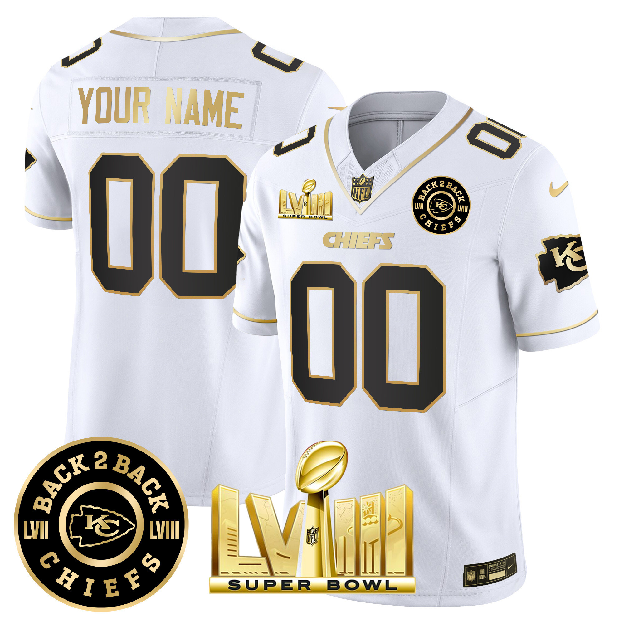 Kansas City Chiefs Super Bowl LVIII & Back 2 Back Patch Vapor Custom White Gold Jersey - All Stitched 