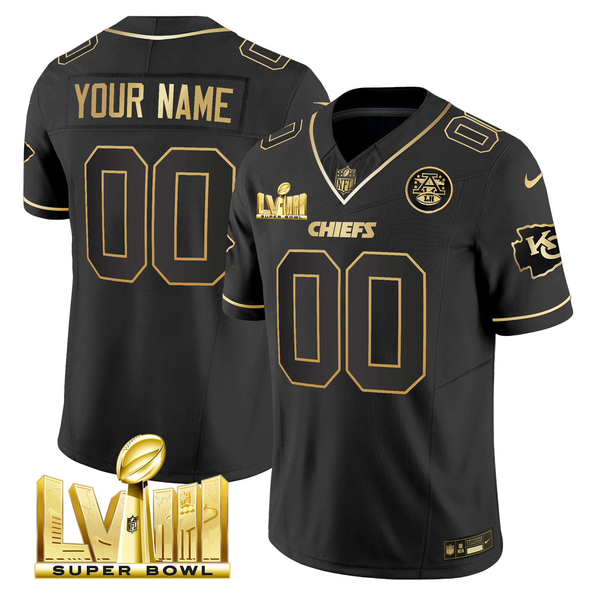 Kansas City Chiefs Super Bowl LVIII Gold Patch Vapor Custom Black Gold Jersey - All Stitched 