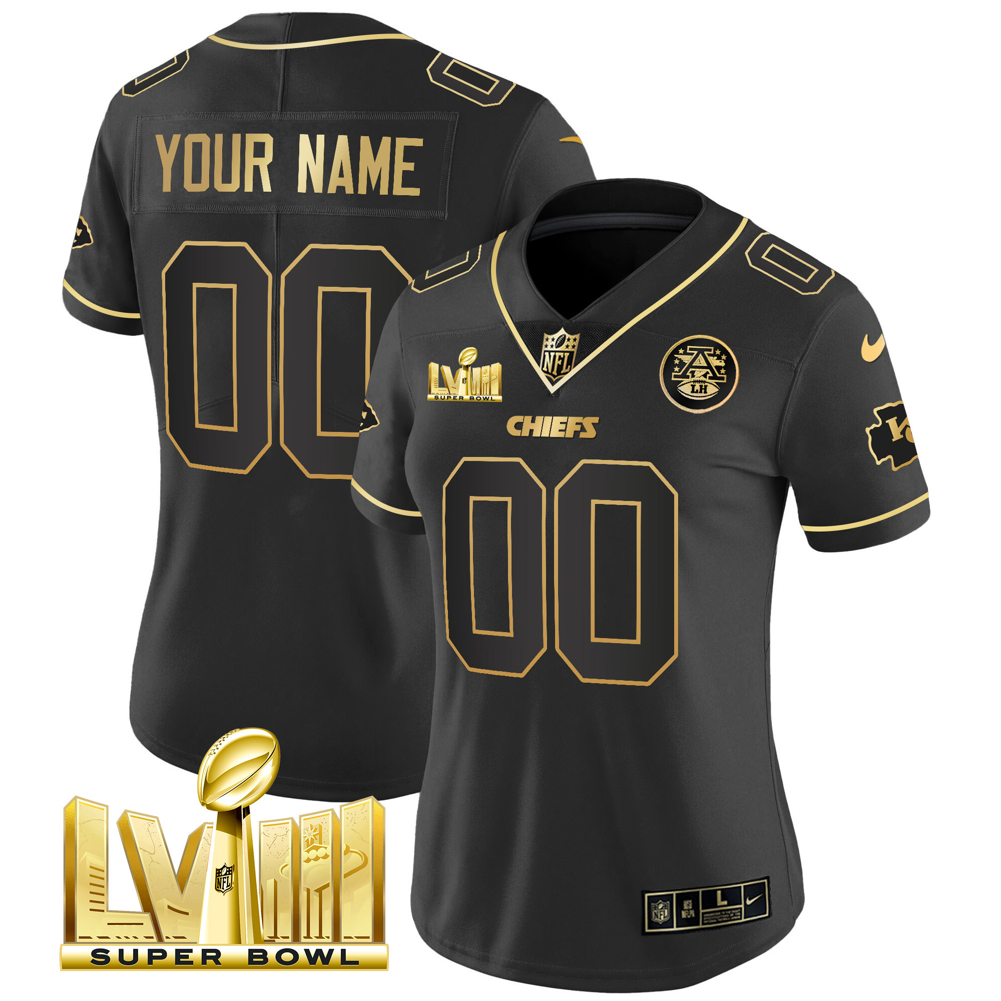 Kansas City Chiefs Super Bowl LVIII Gold Patch Vapor Custom Black Gold Jersey - All Stitched 